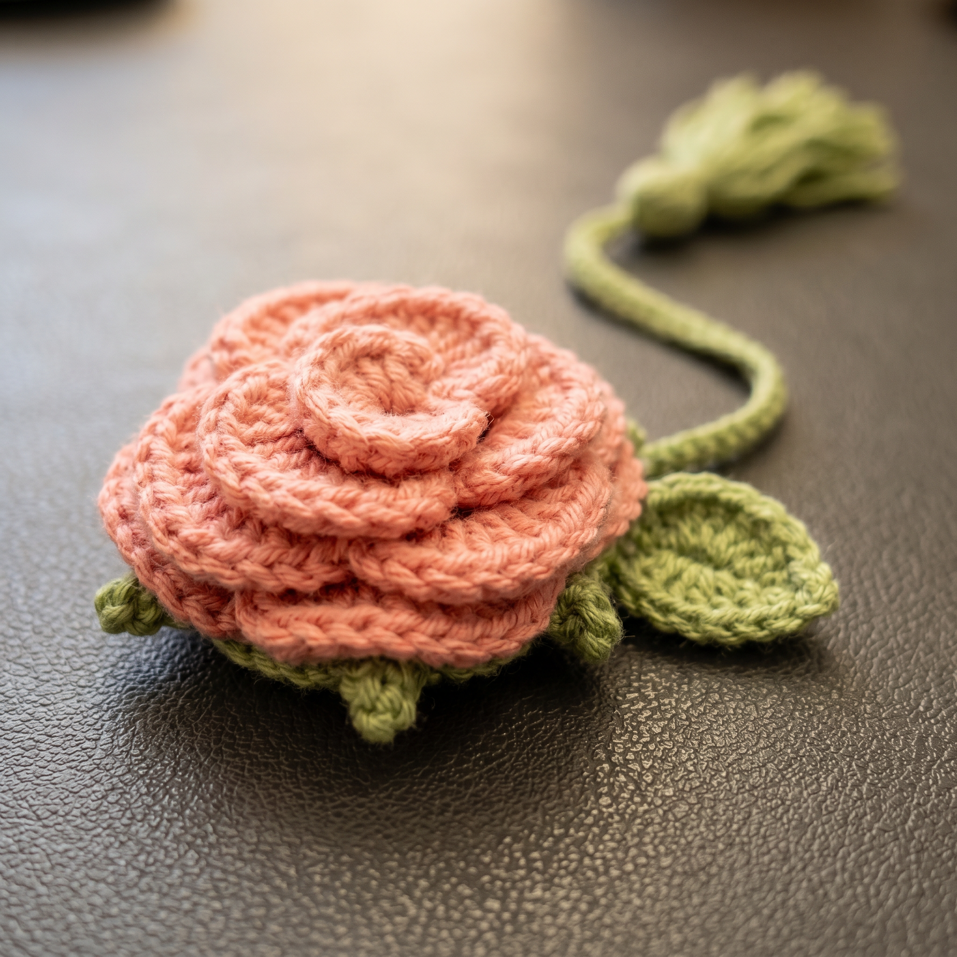 Pink Rose Crochet Bookmark close-up showing crochet texture and handmade details