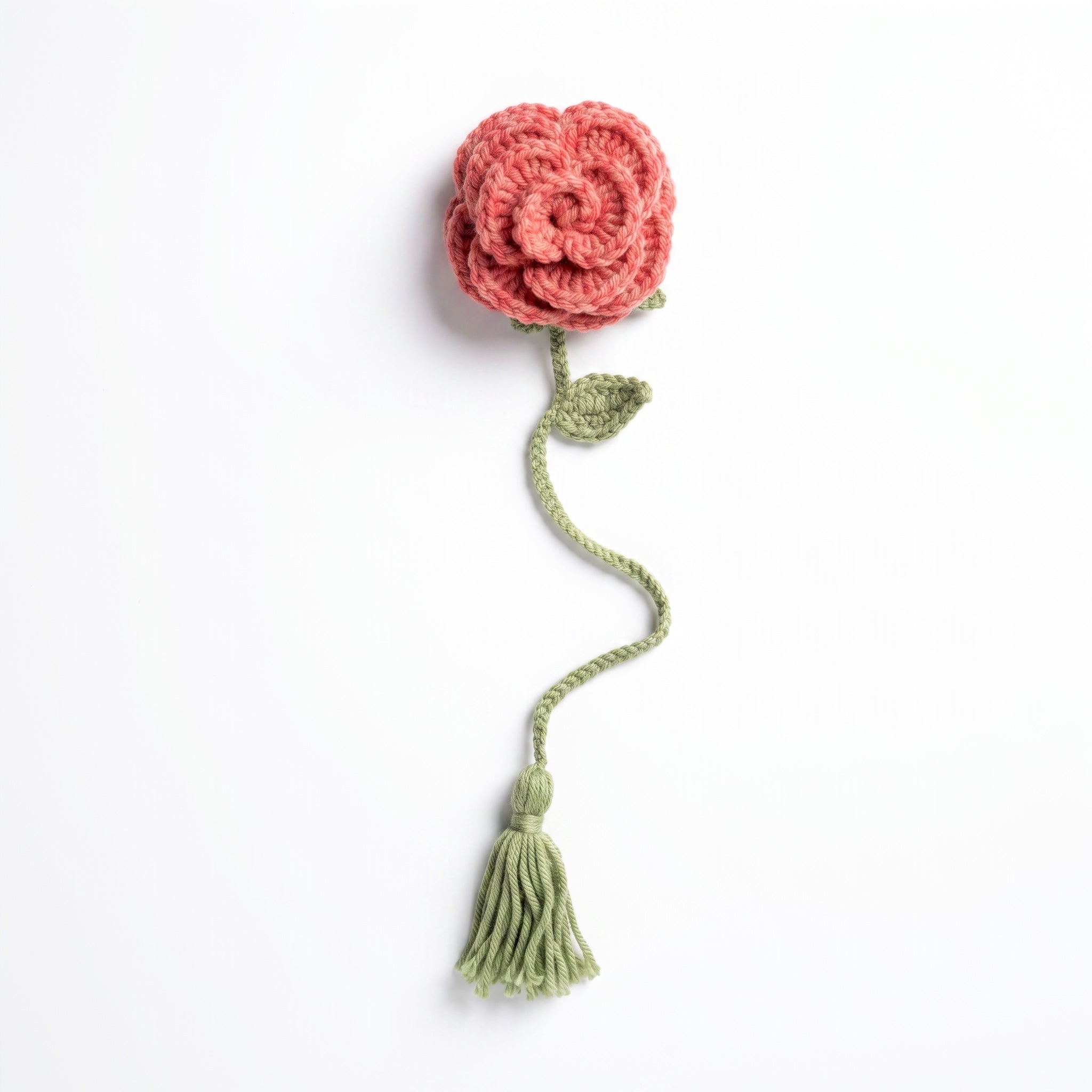 Pink Rose Crochet Bookmark on a clean white background