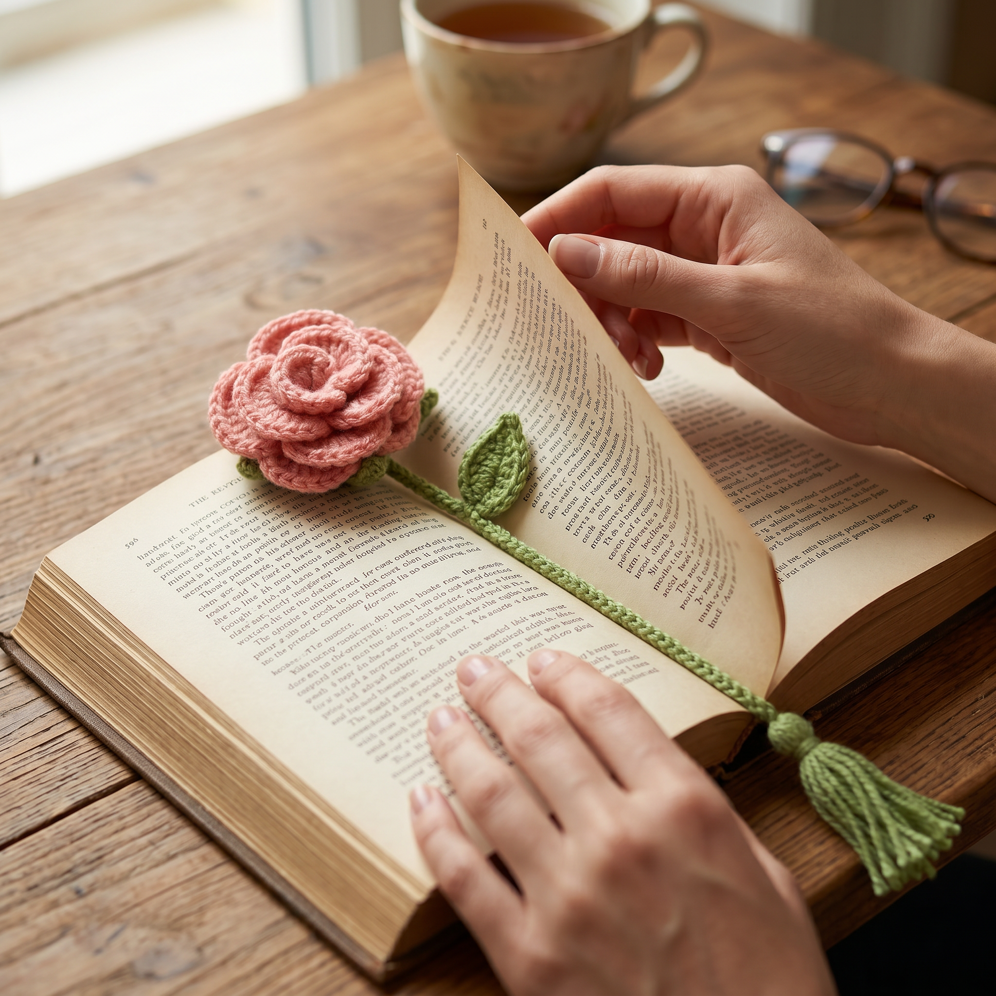 Pink Rose Crochet Bookmark styled in an everyday setting