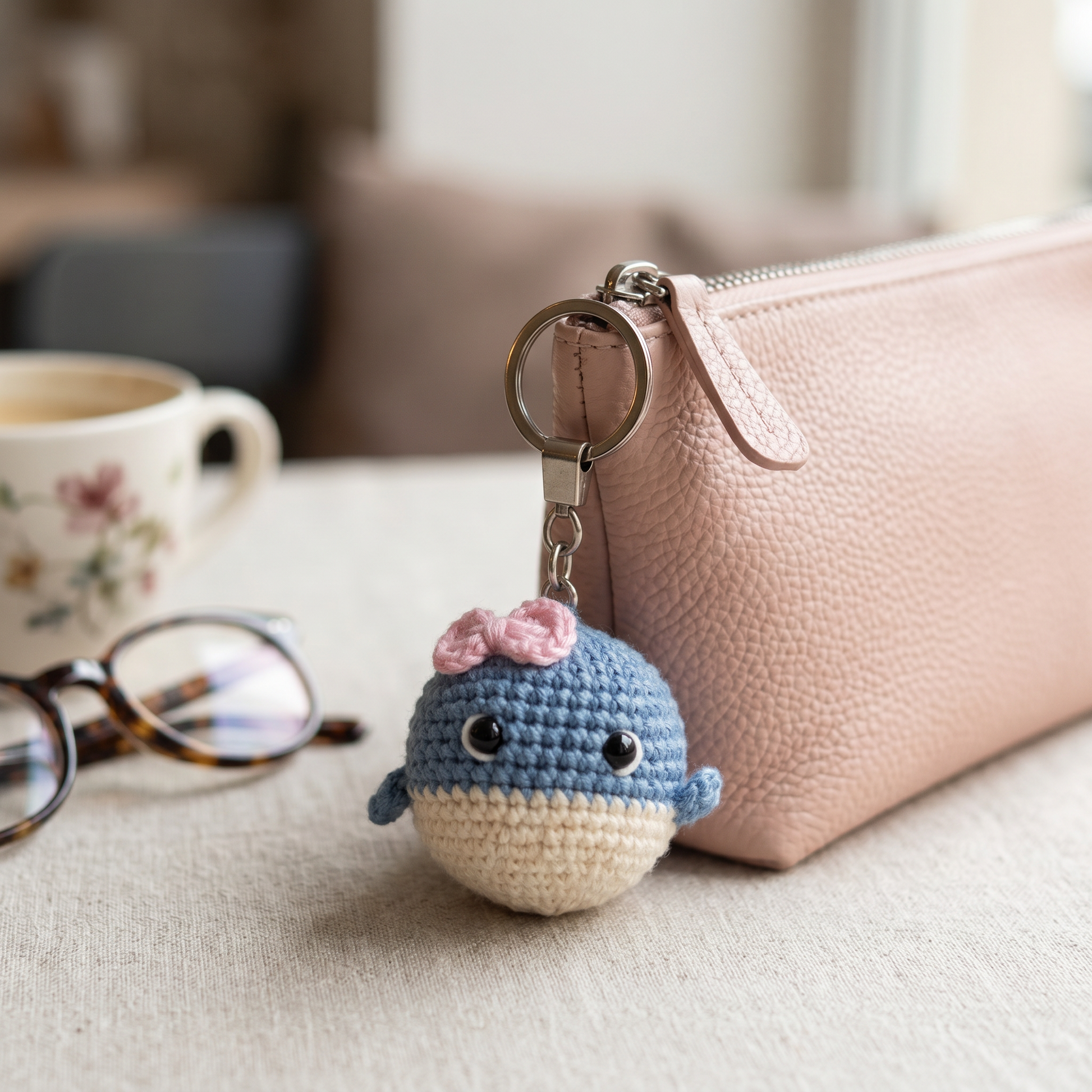 Baby Whale Crochet Keychain styled in an everyday setting