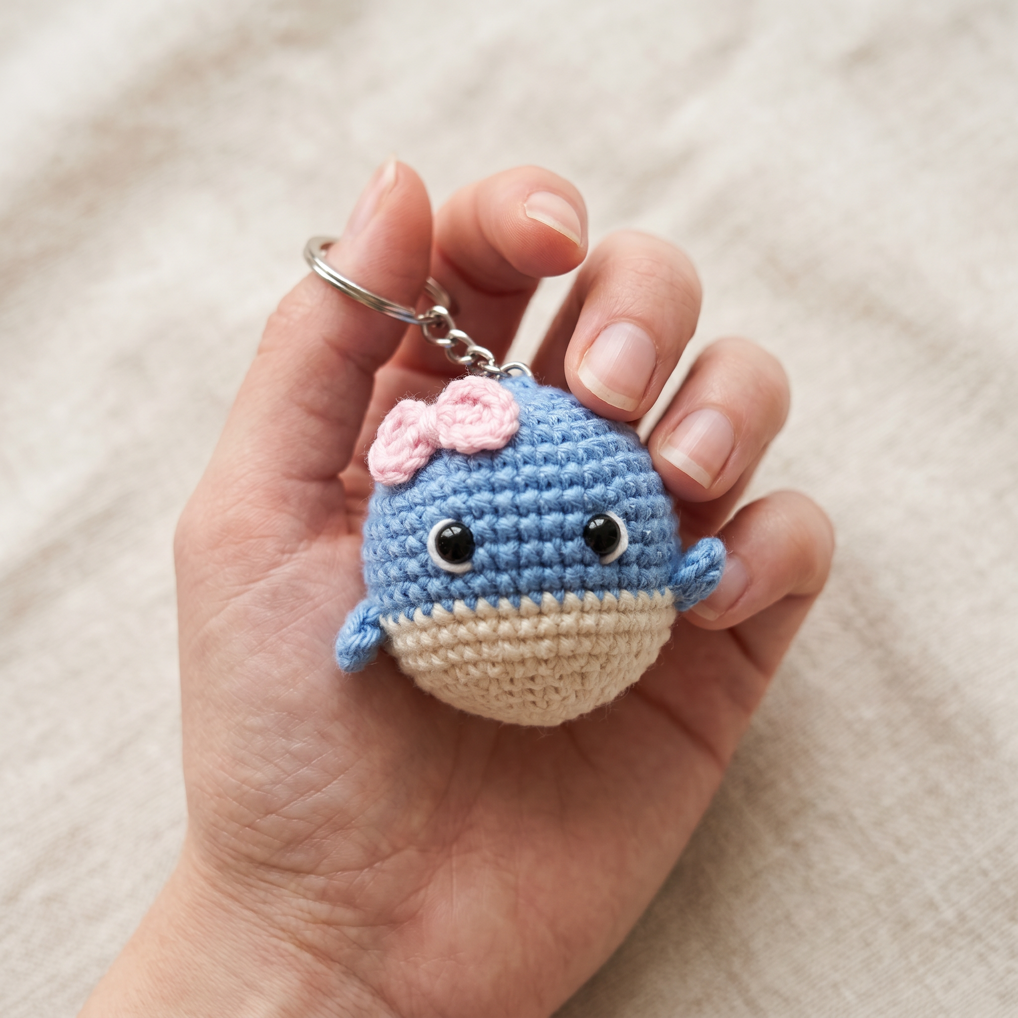 Baby Whale Crochet Keychain held in hand to show scale