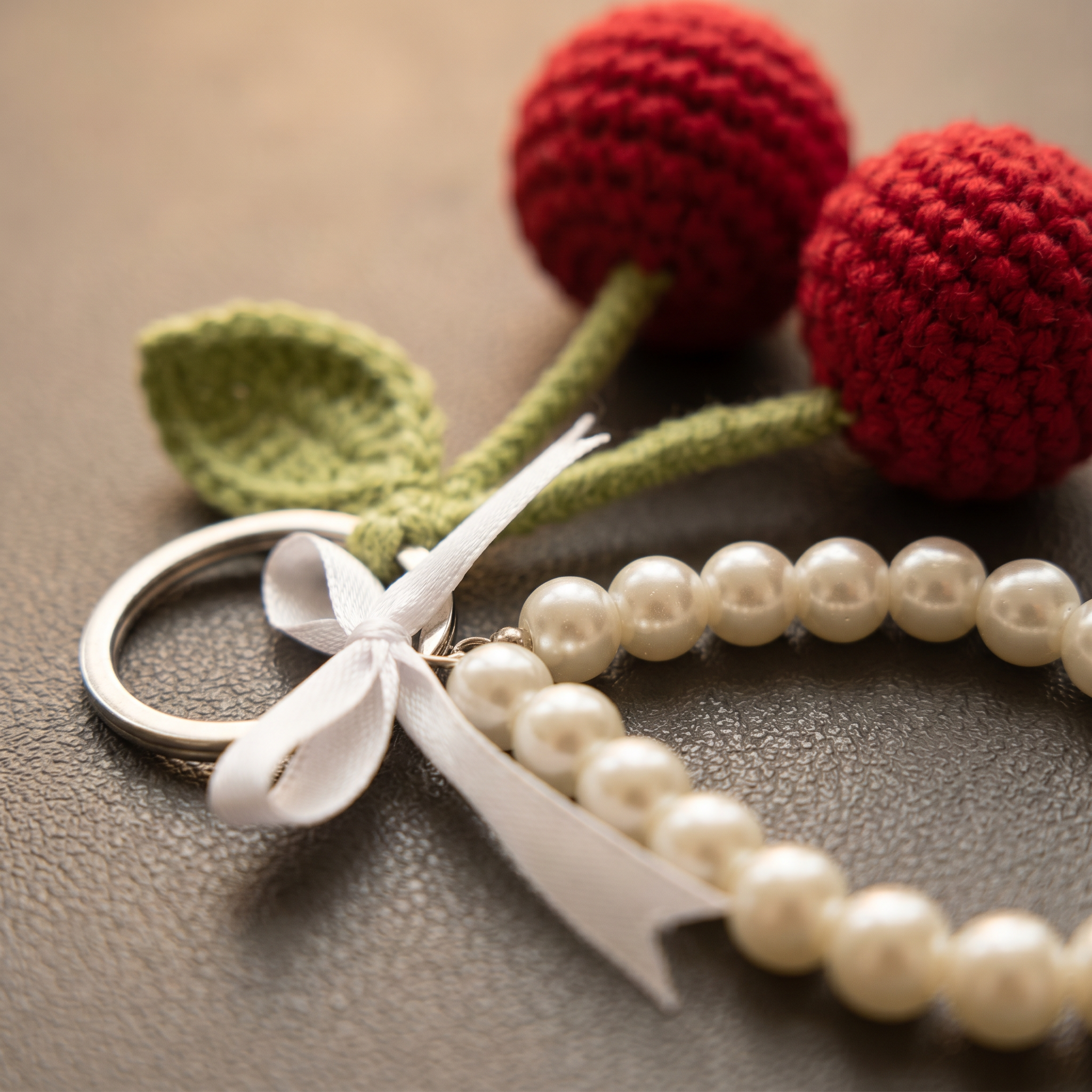 Cherry Pearl Crochet Keychain close-up showing crochet texture and handmade details