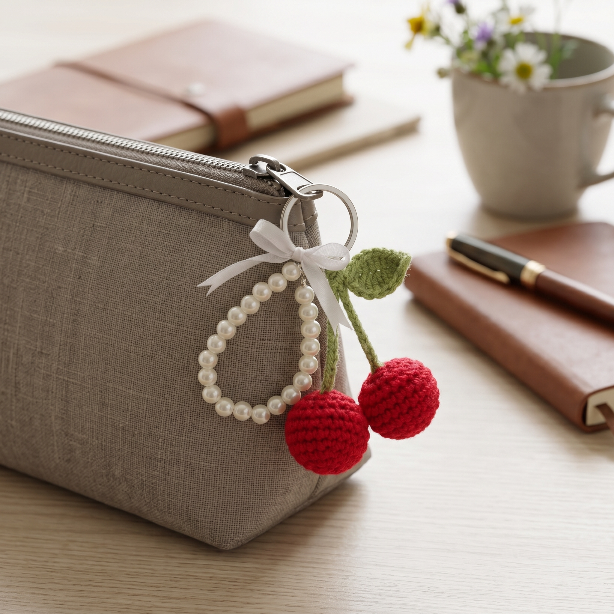 Cherry Pearl Crochet Keychain styled in an everyday setting