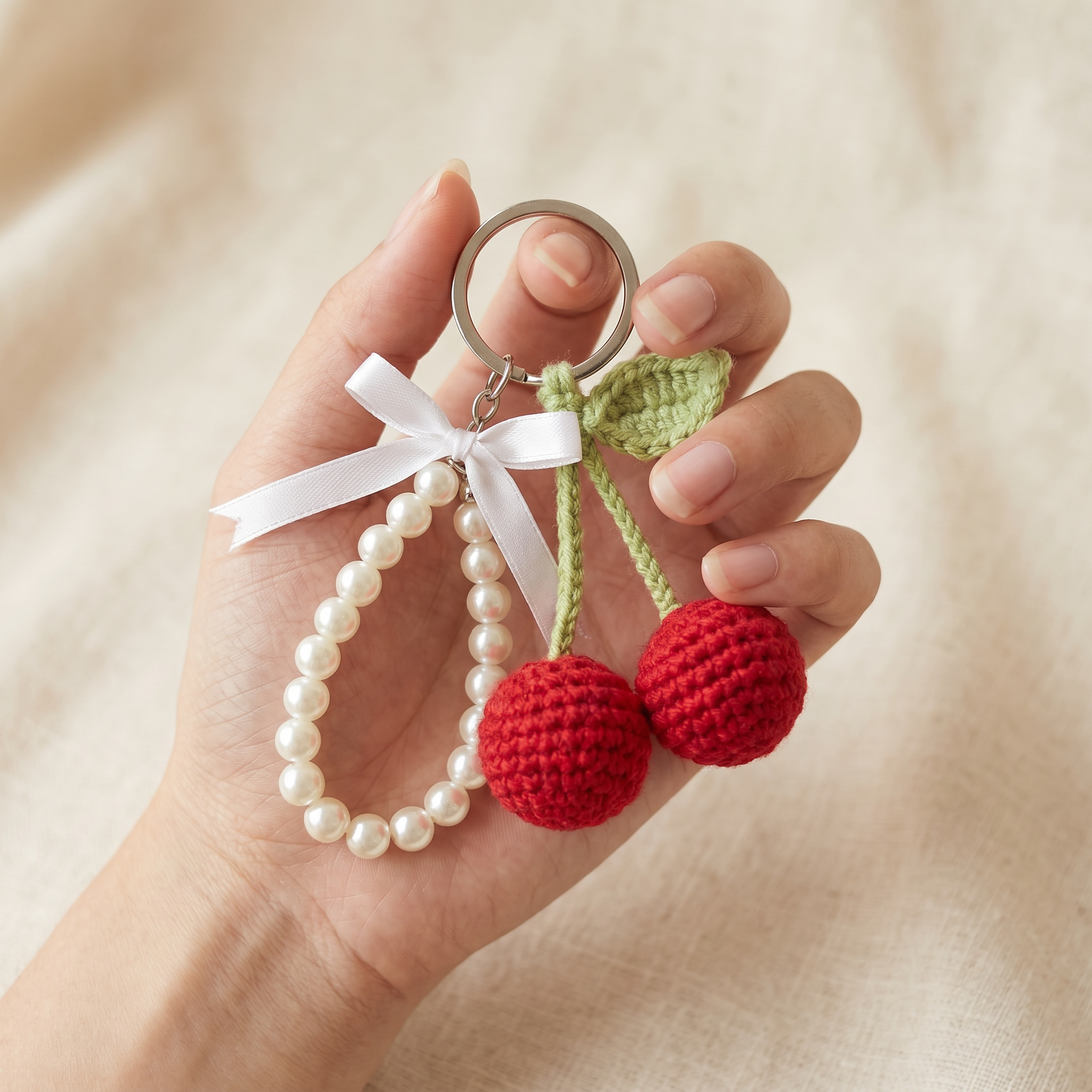 Cherry Pearl Crochet Keychain held in hand to show scale