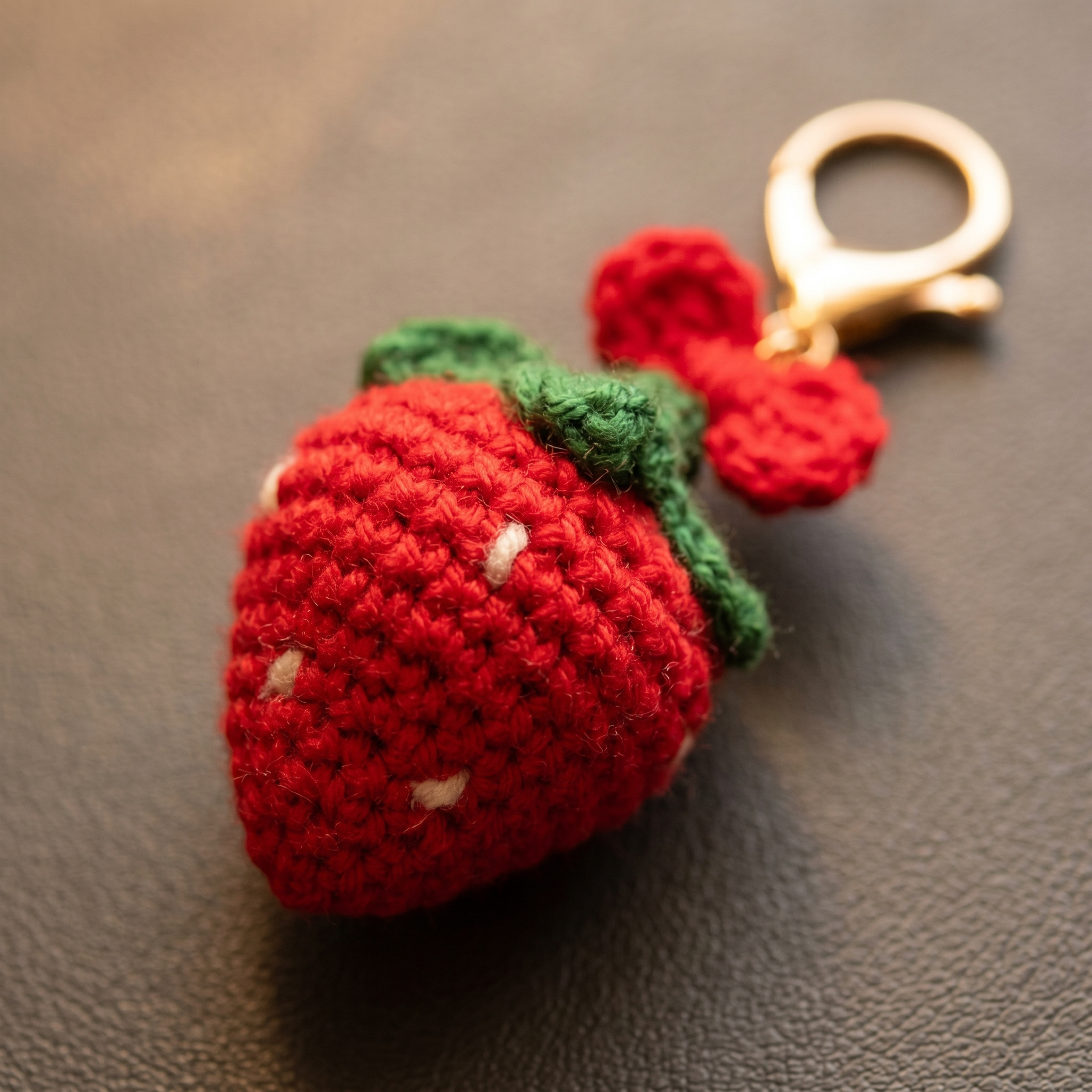 Strawberry Bow Crochet Keychain close-up showing crochet texture and handmade details