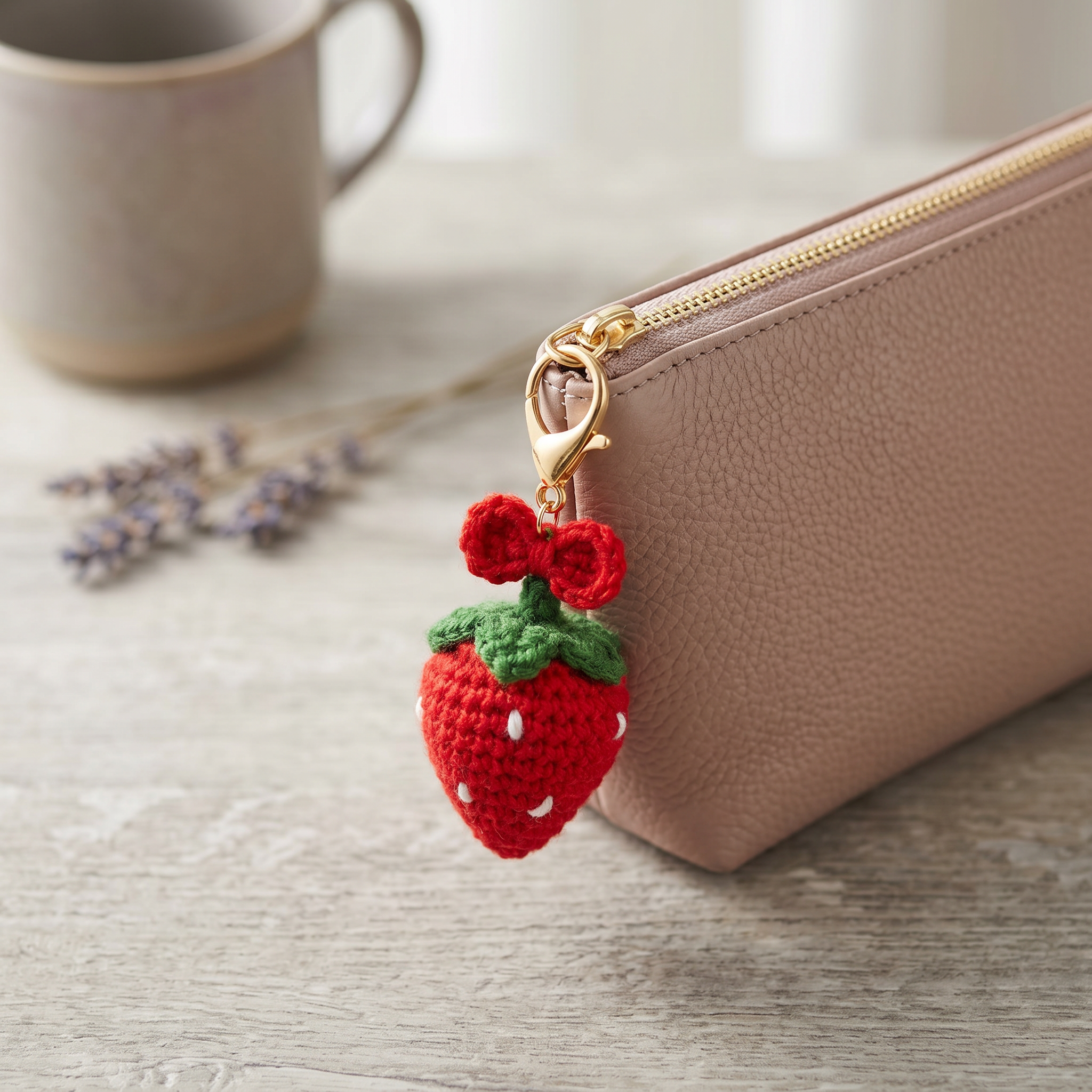 Strawberry Bow Crochet Keychain styled in an everyday setting