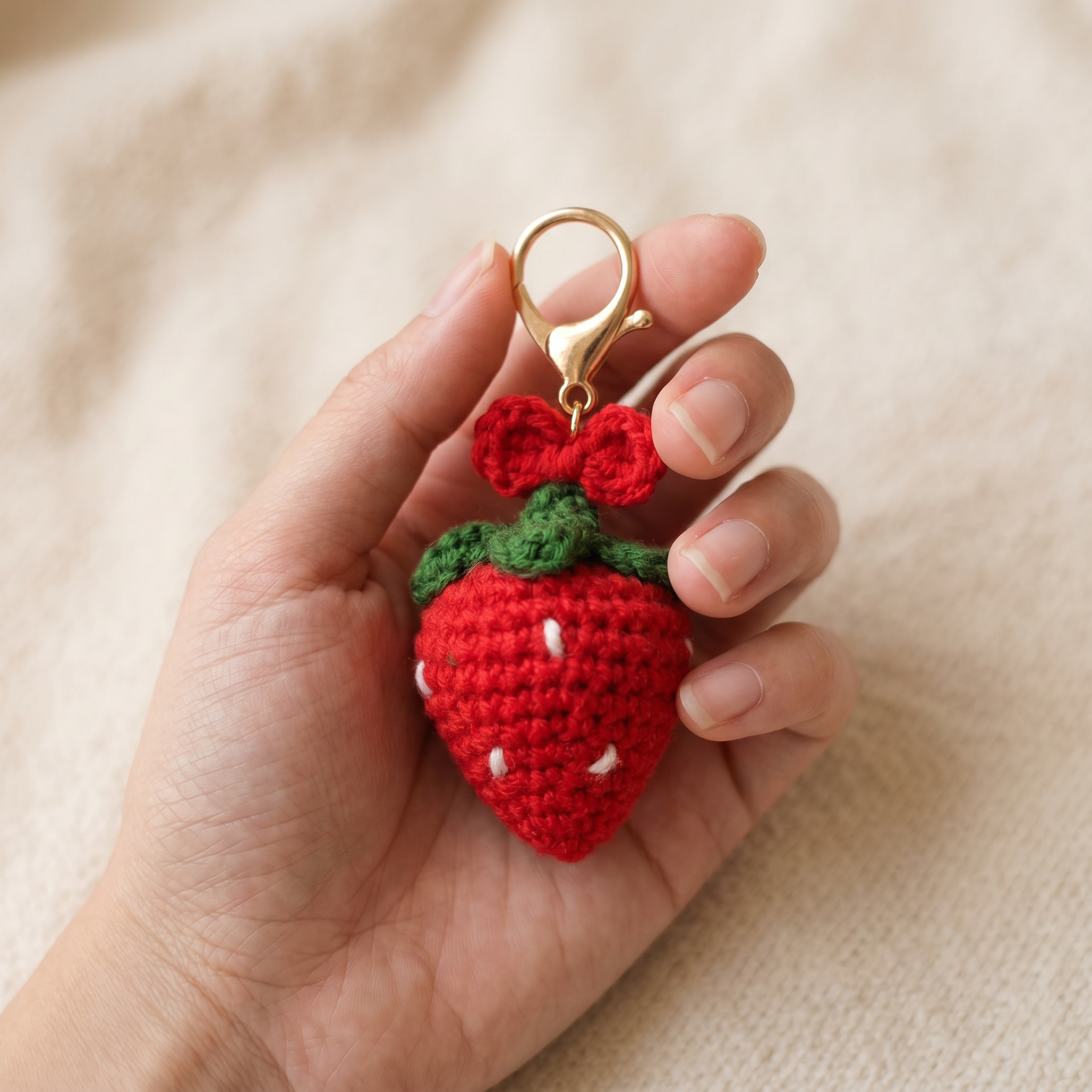 Strawberry Bow Crochet Keychain held in hand to show scale