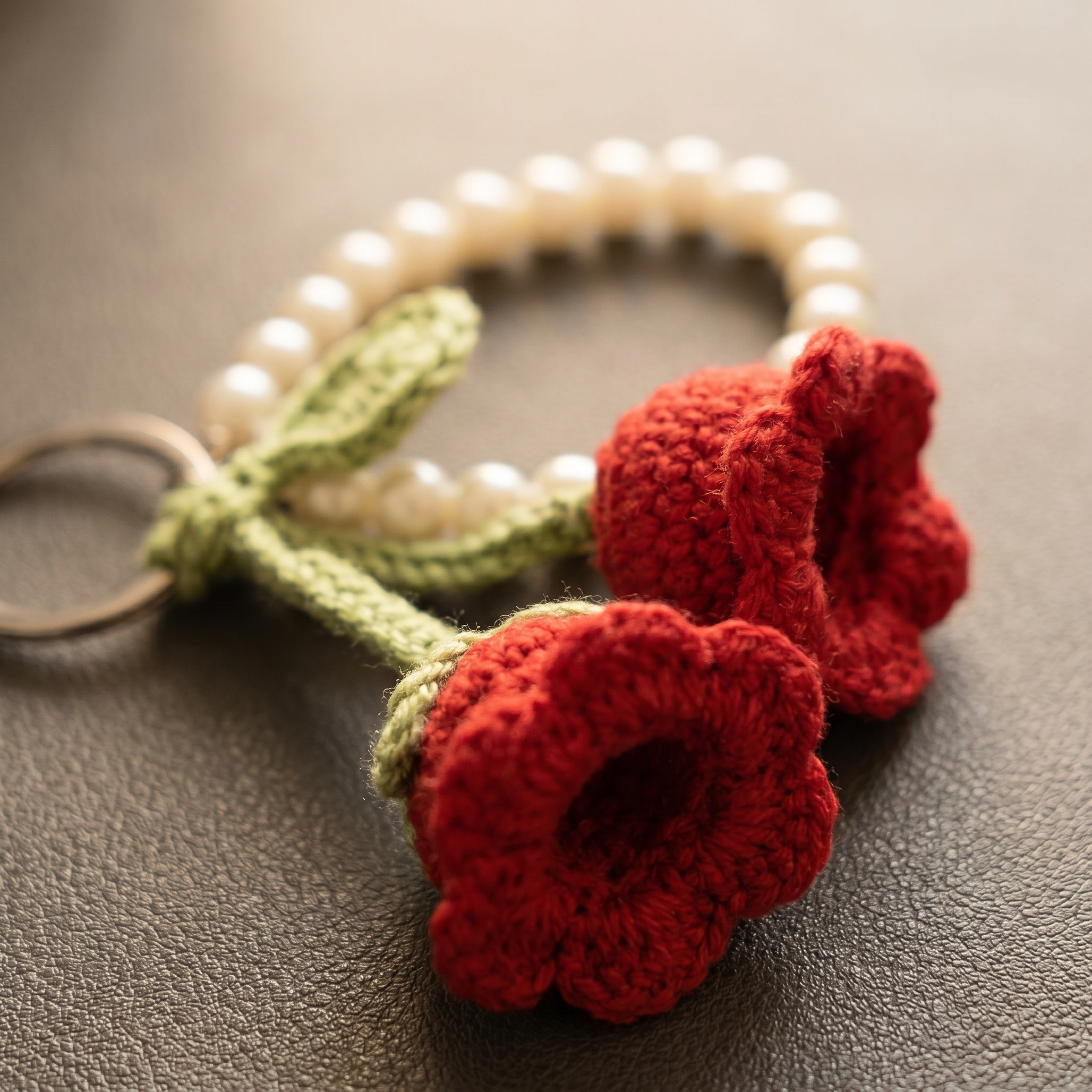 Twin Rose Pearl Crochet Keychain close-up showing crochet texture and handmade details