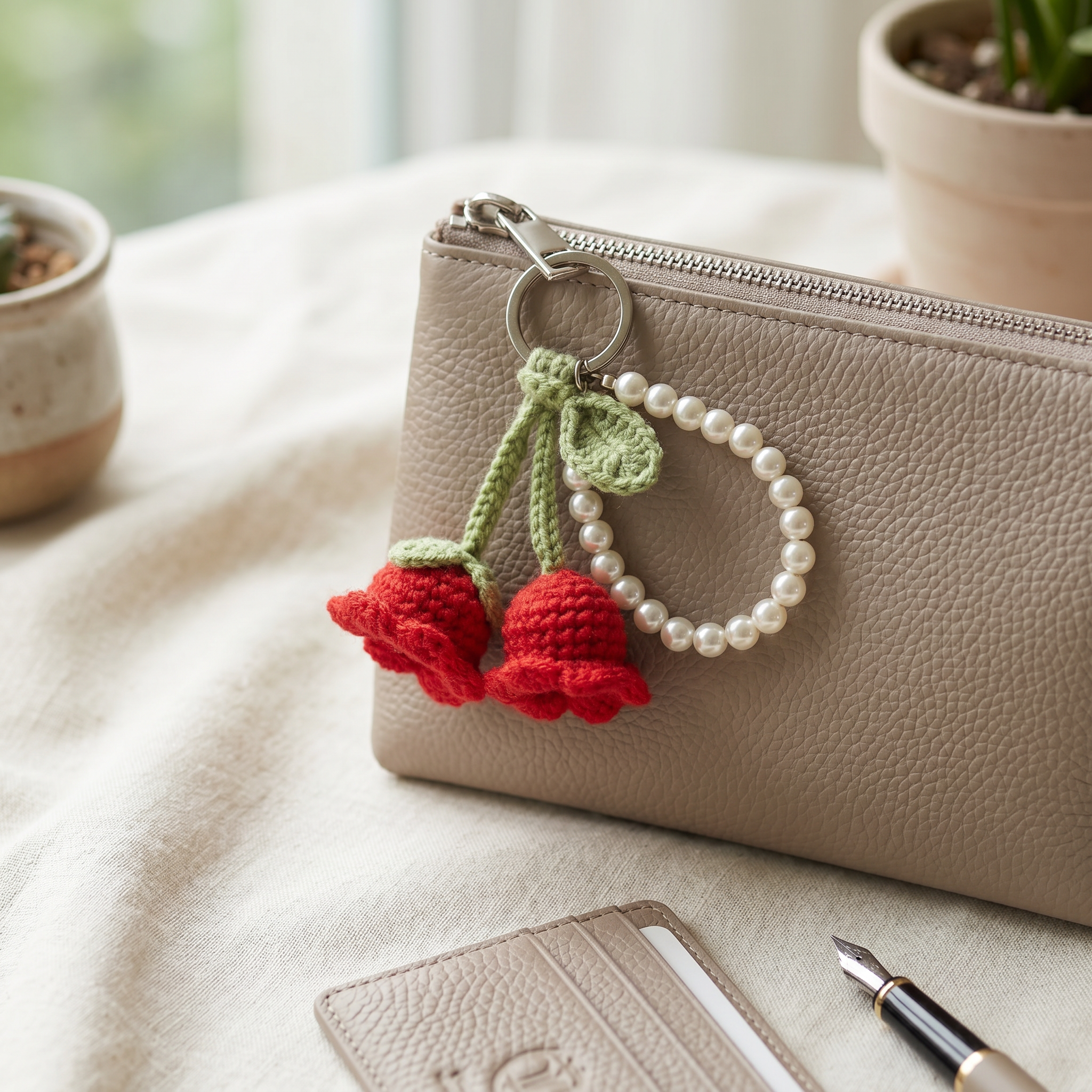 Twin Rose Pearl Crochet Keychain styled in an everyday setting