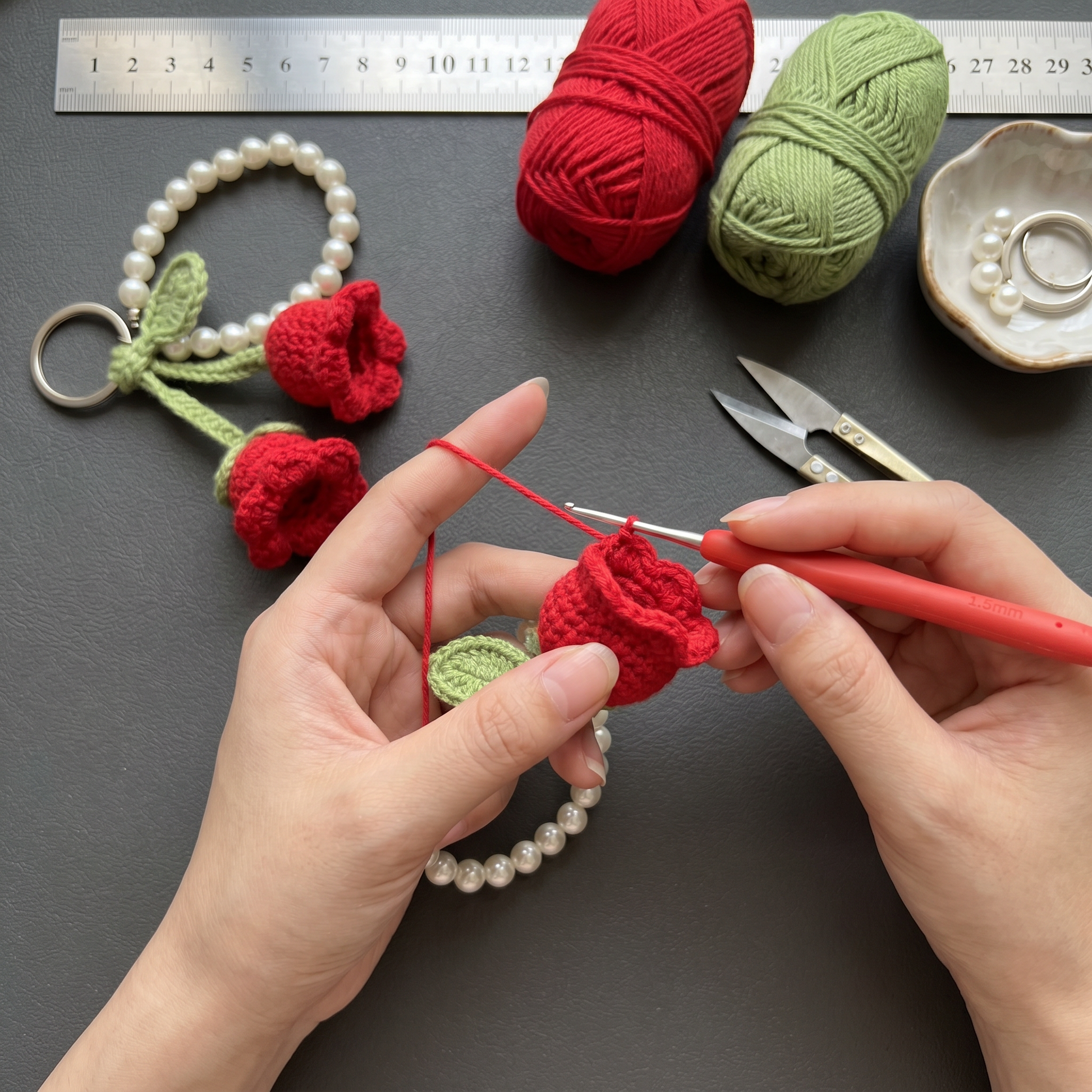 Twin Rose Pearl Crochet Keychain styled product detail