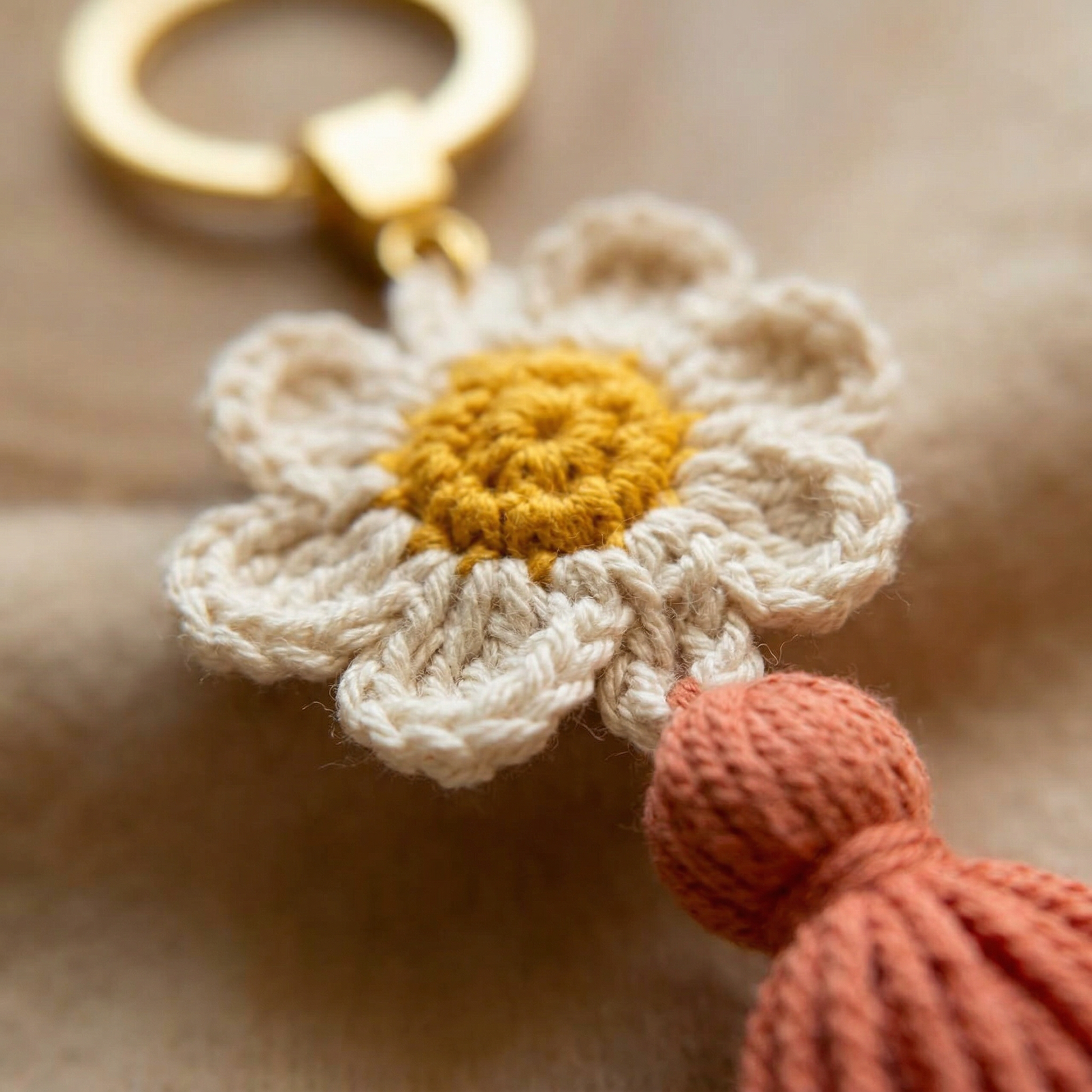 Lady Flower Crochet Keychain close-up showing crochet texture and handmade details