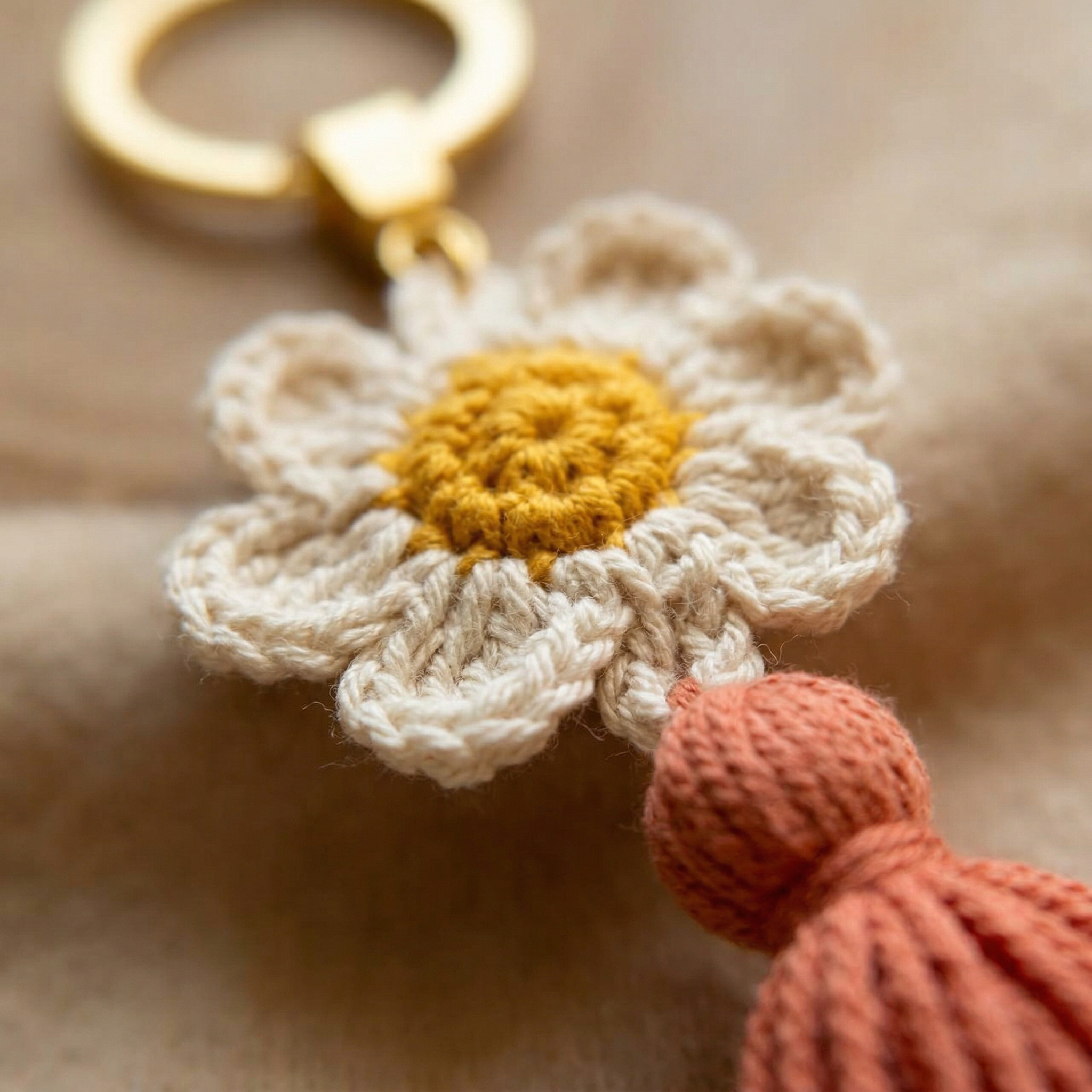 Lady Flower Crochet Keychain close-up showing crochet texture and handmade details