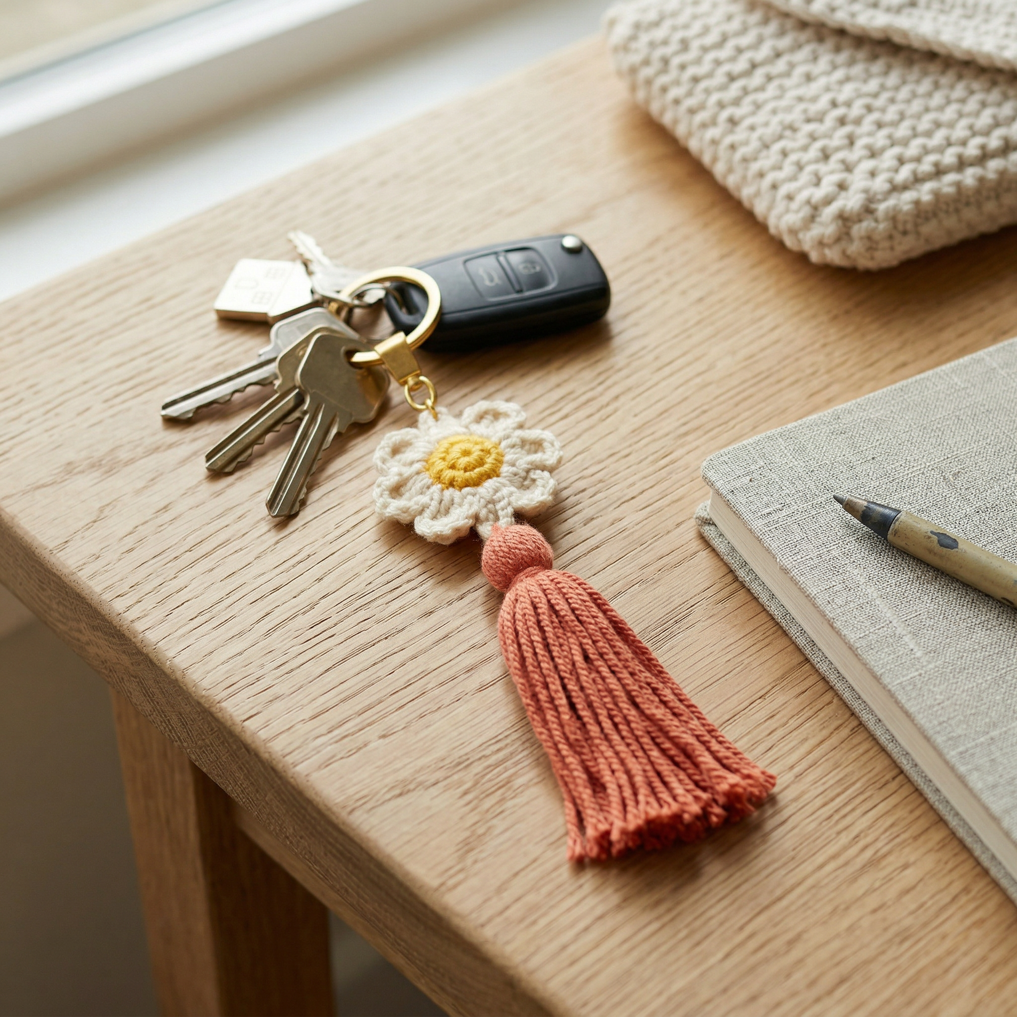Lady Flower Crochet Keychain styled in an everyday setting
