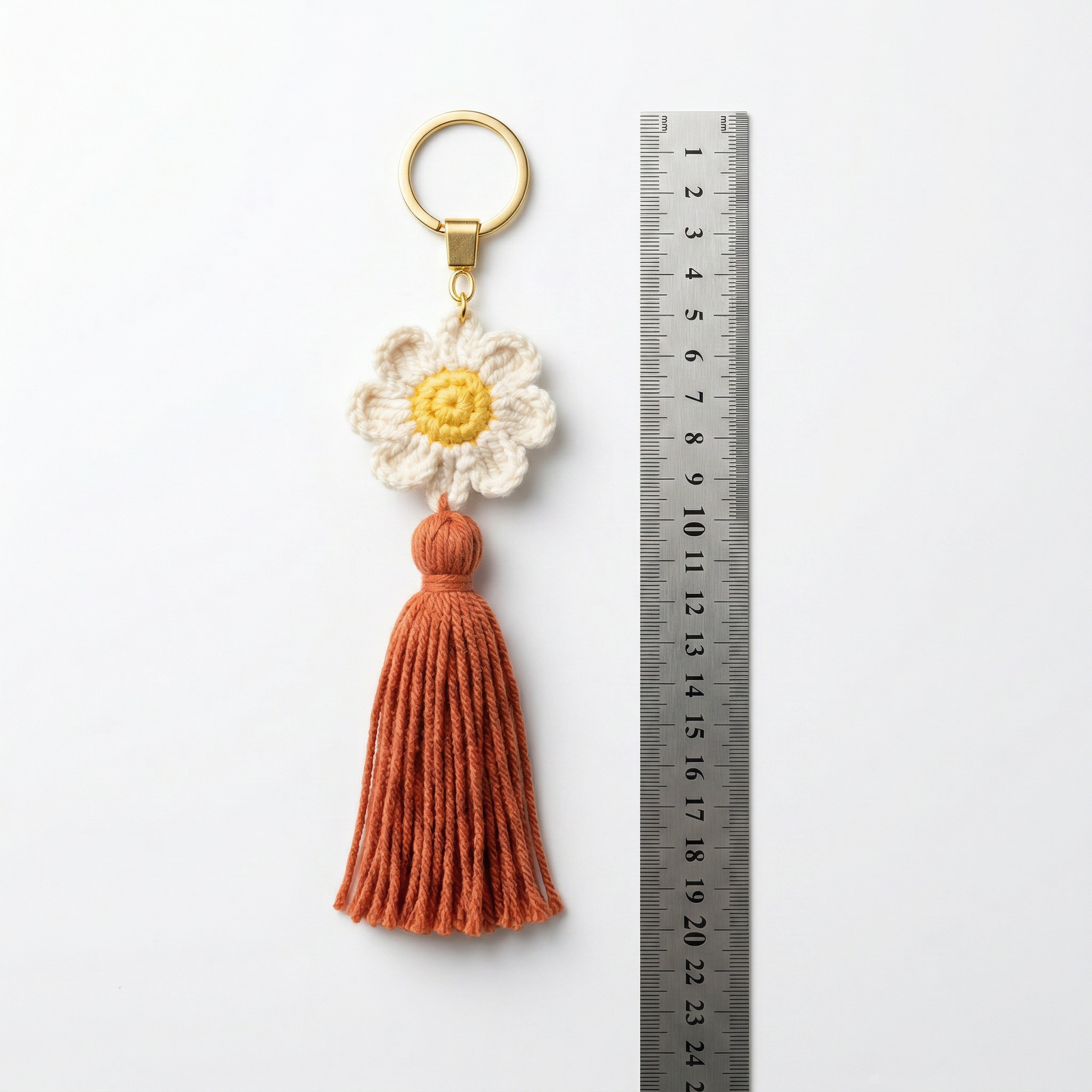 Lady Flower Crochet Keychain with a size reference