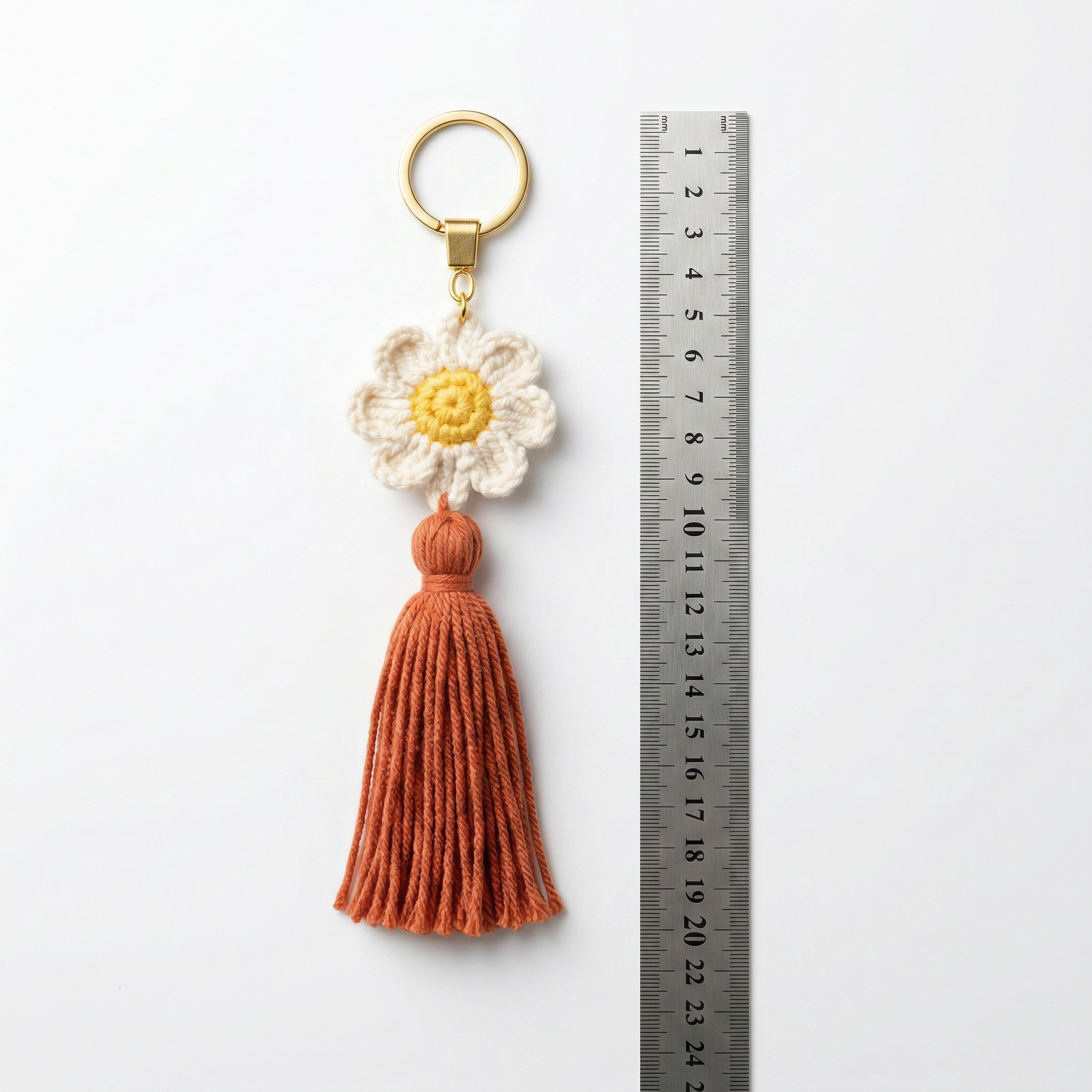 Lady Flower Crochet Keychain with a size reference