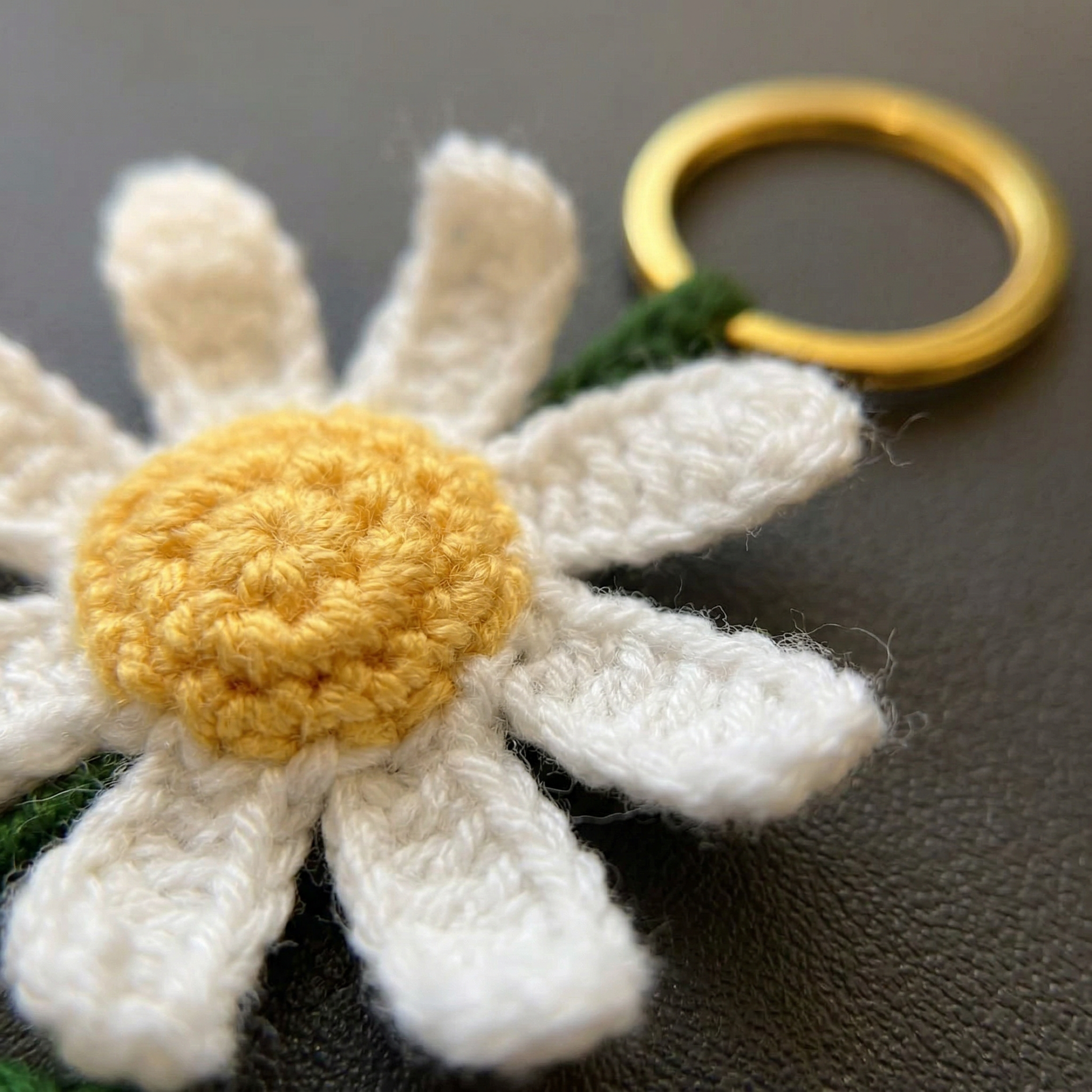White Daisy Crochet Keychain close-up showing crochet texture and handmade details