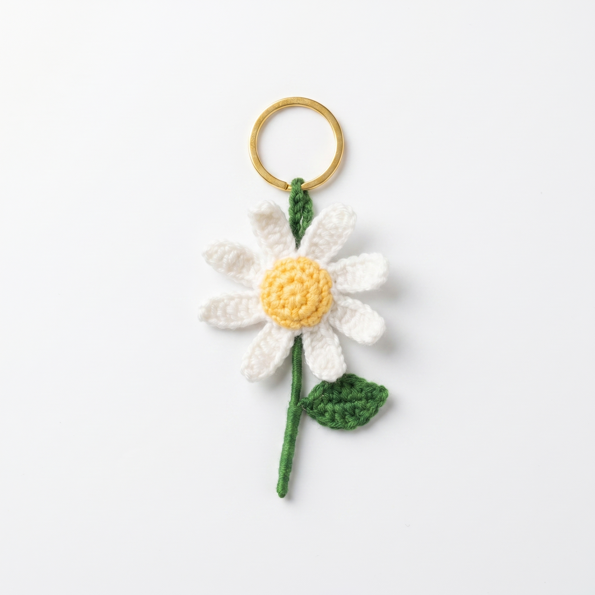 White Daisy Crochet Keychain on a clean white background