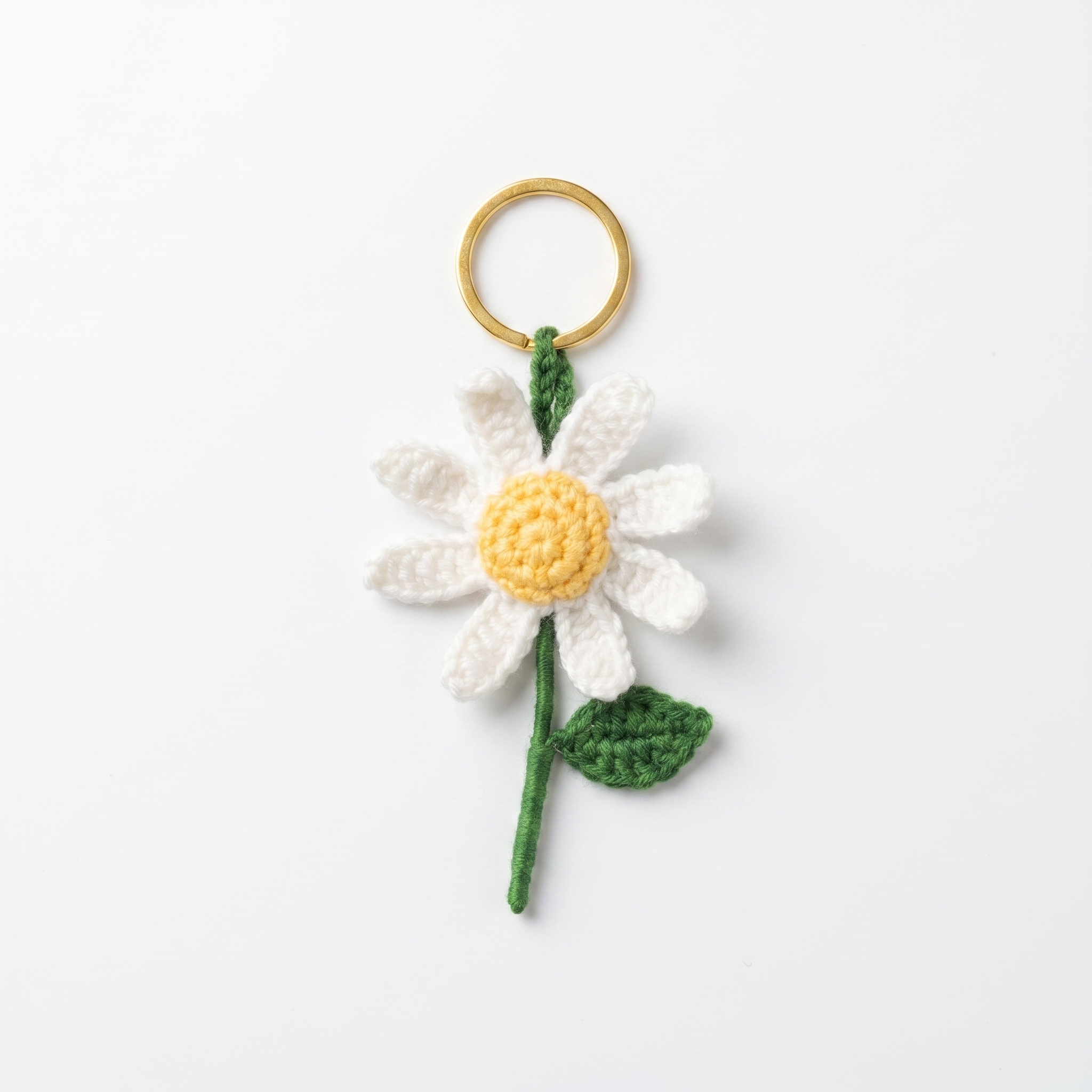 White Daisy Crochet Keychain on a clean white background