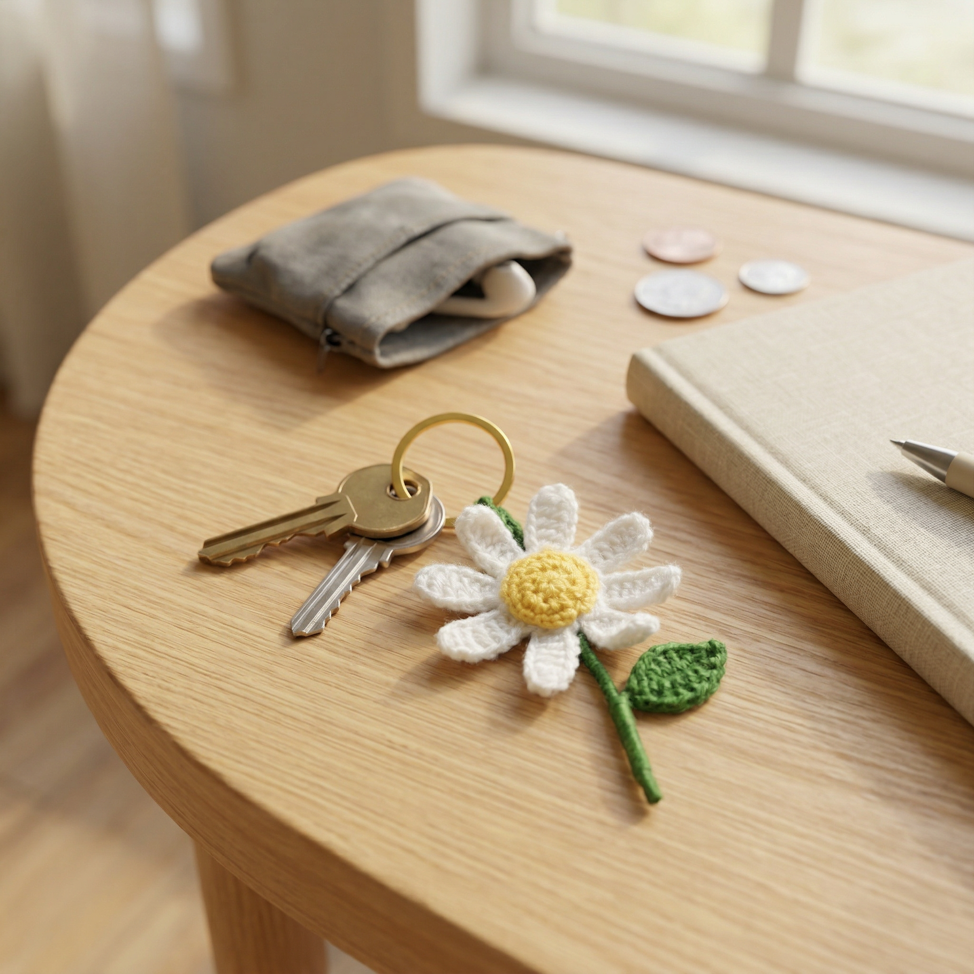 White Daisy Crochet Keychain styled in an everyday setting