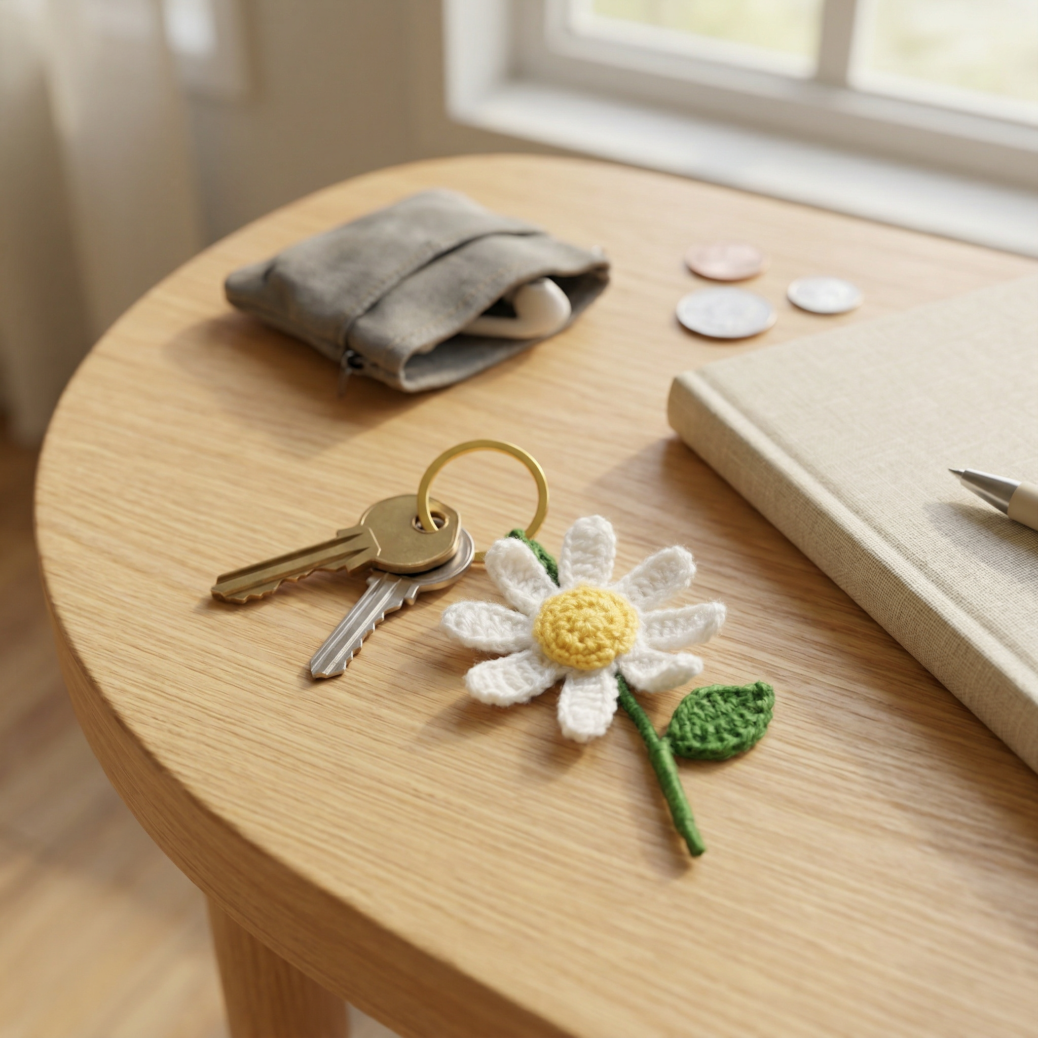 White Daisy Crochet Keychain styled in an everyday setting