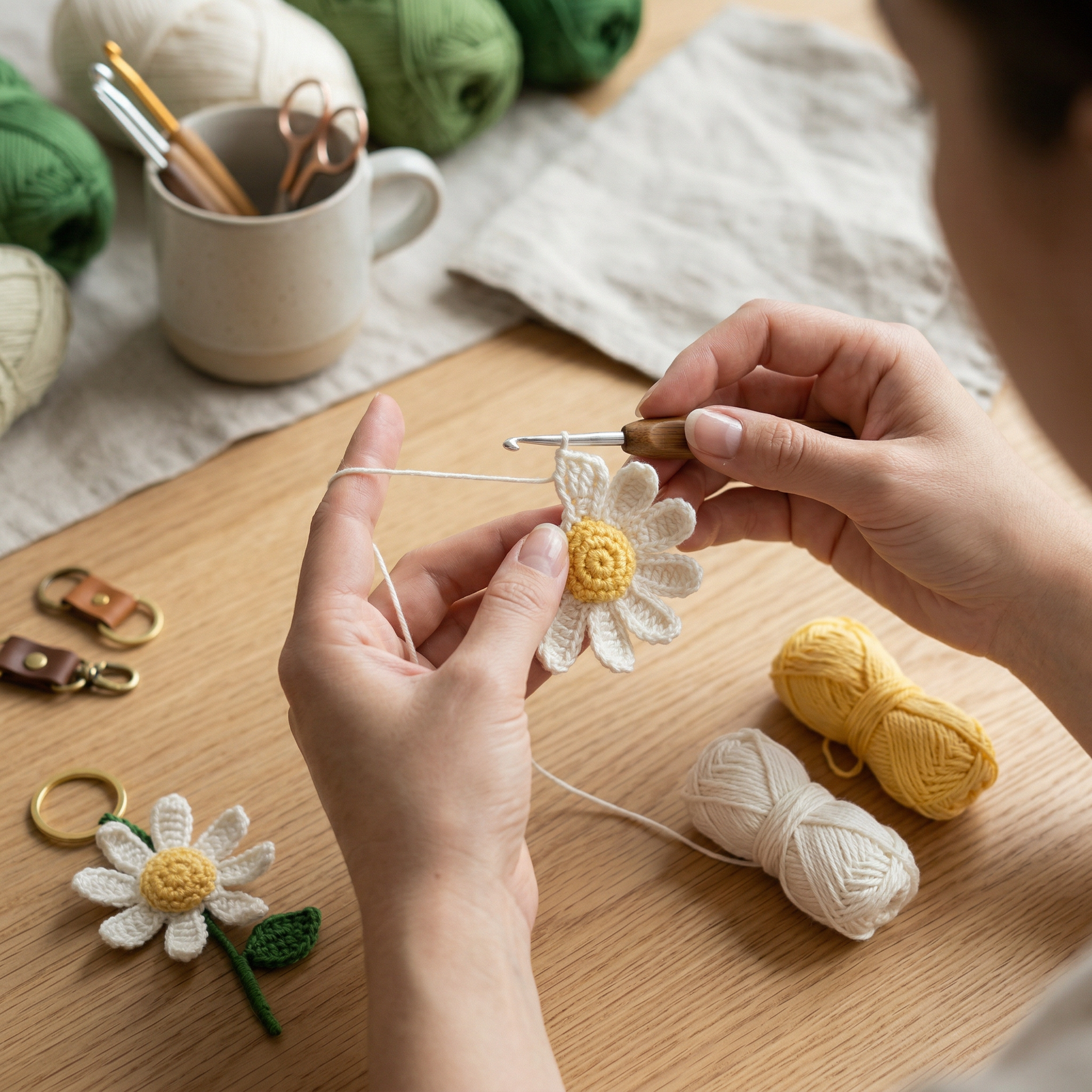 White Daisy Crochet Keychain during the handmade crochet process