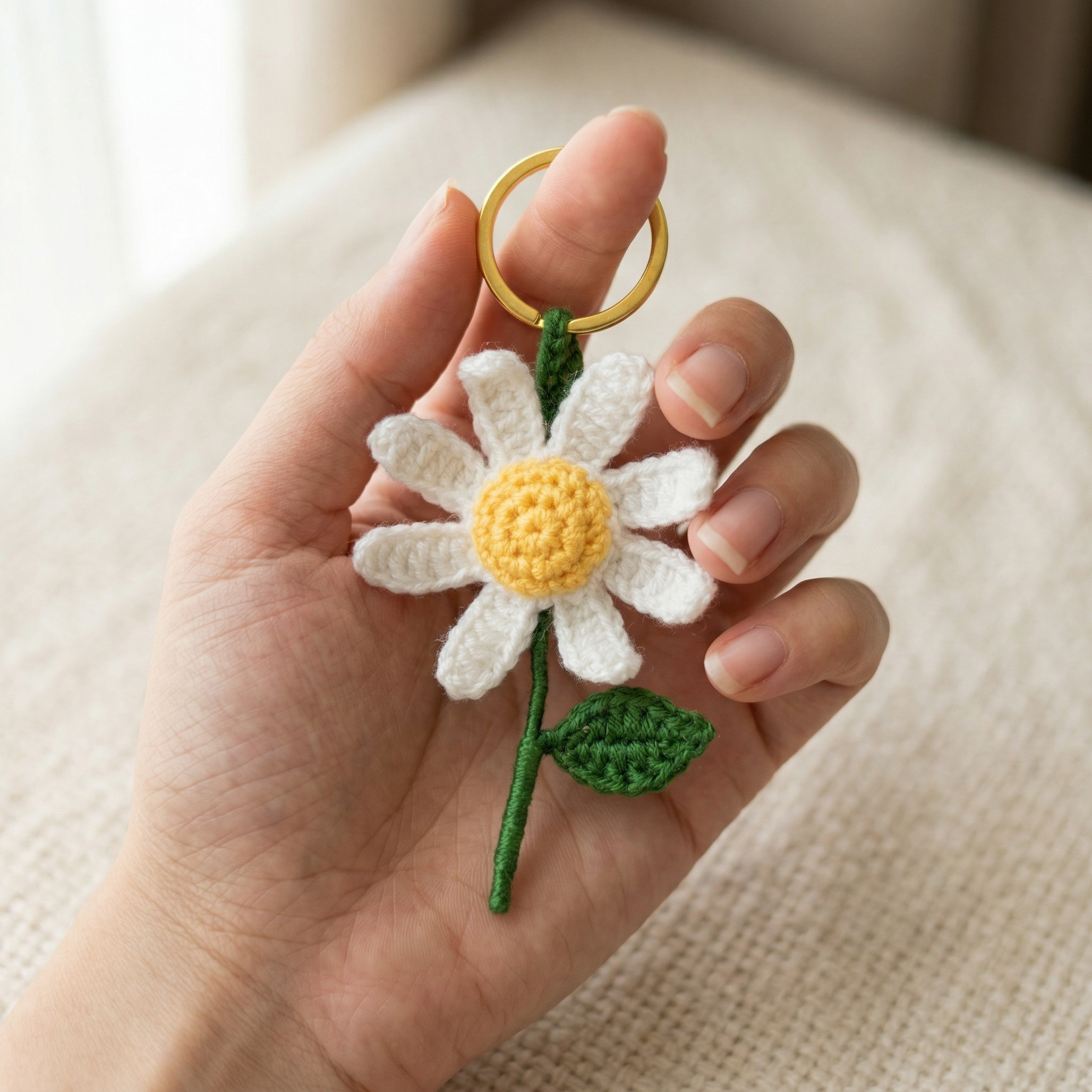 White Daisy Crochet Keychain held in hand to show scale