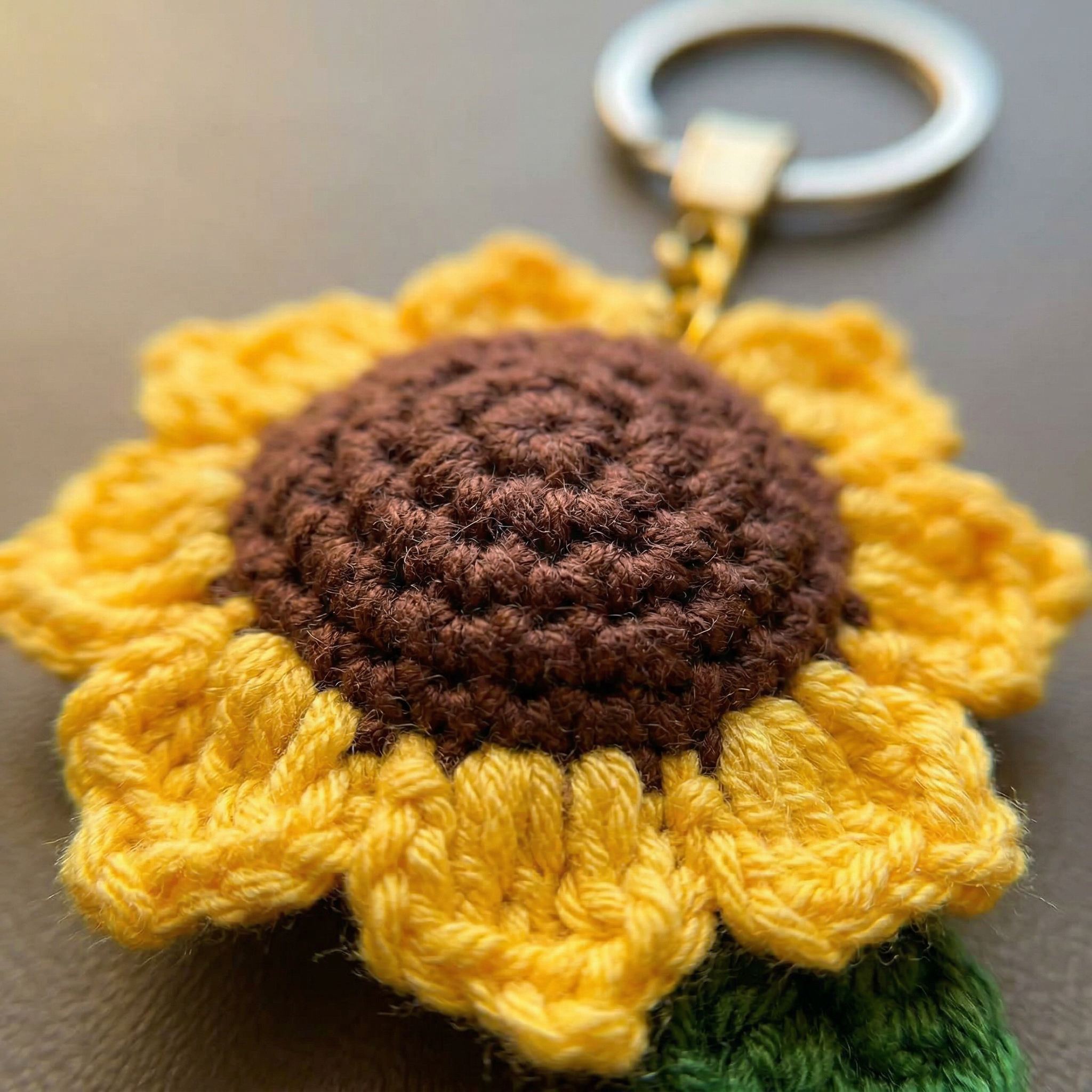 Sunflower Crochet Keychain close-up showing crochet texture and handmade details