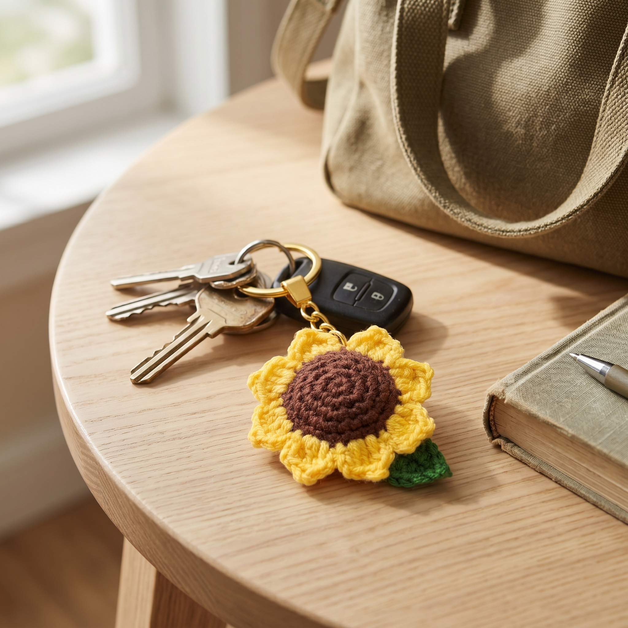 Sunflower Crochet Keychain styled in an everyday setting