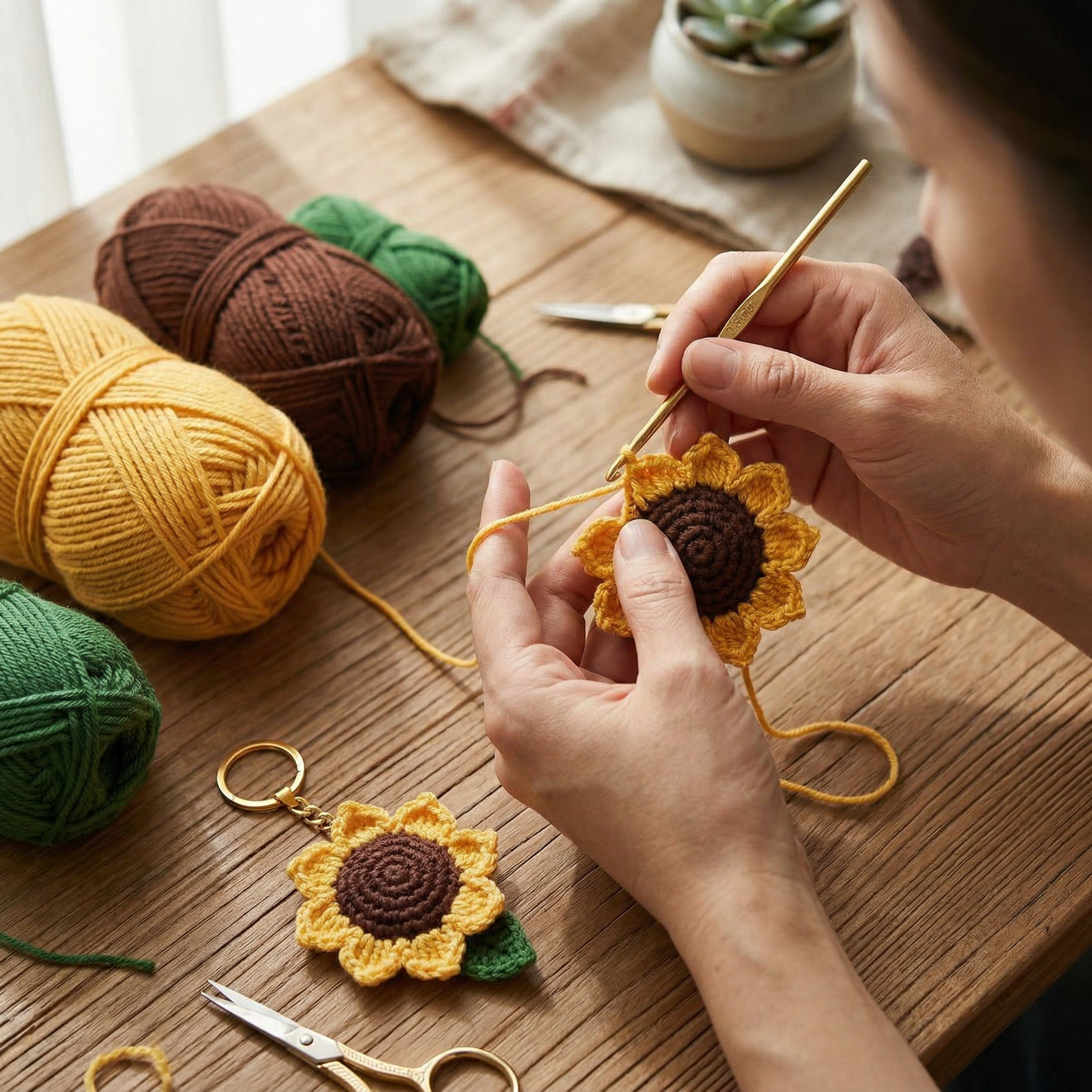 Sunflower Crochet Keychain during the handmade crochet process