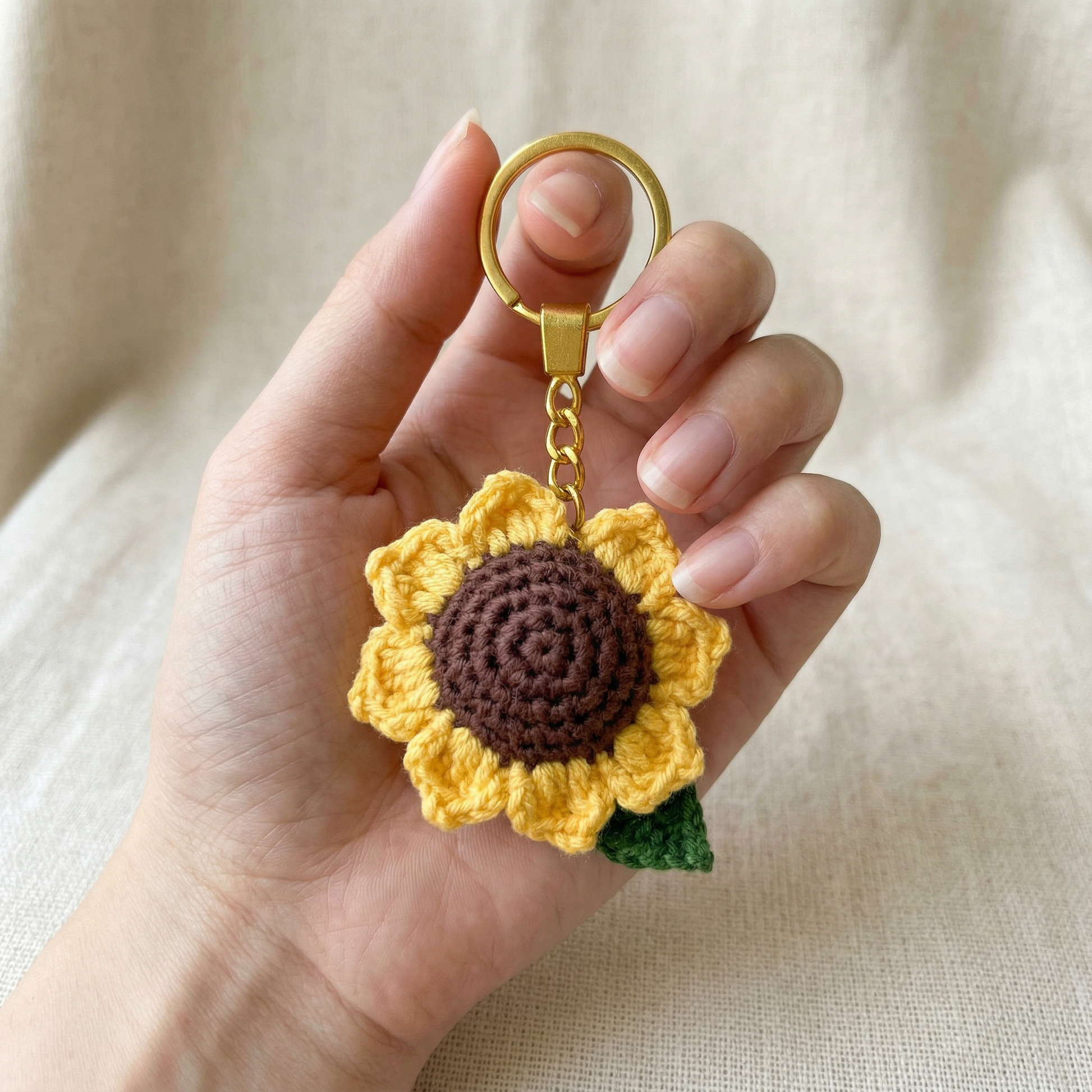 Sunflower Crochet Keychain held in hand to show scale