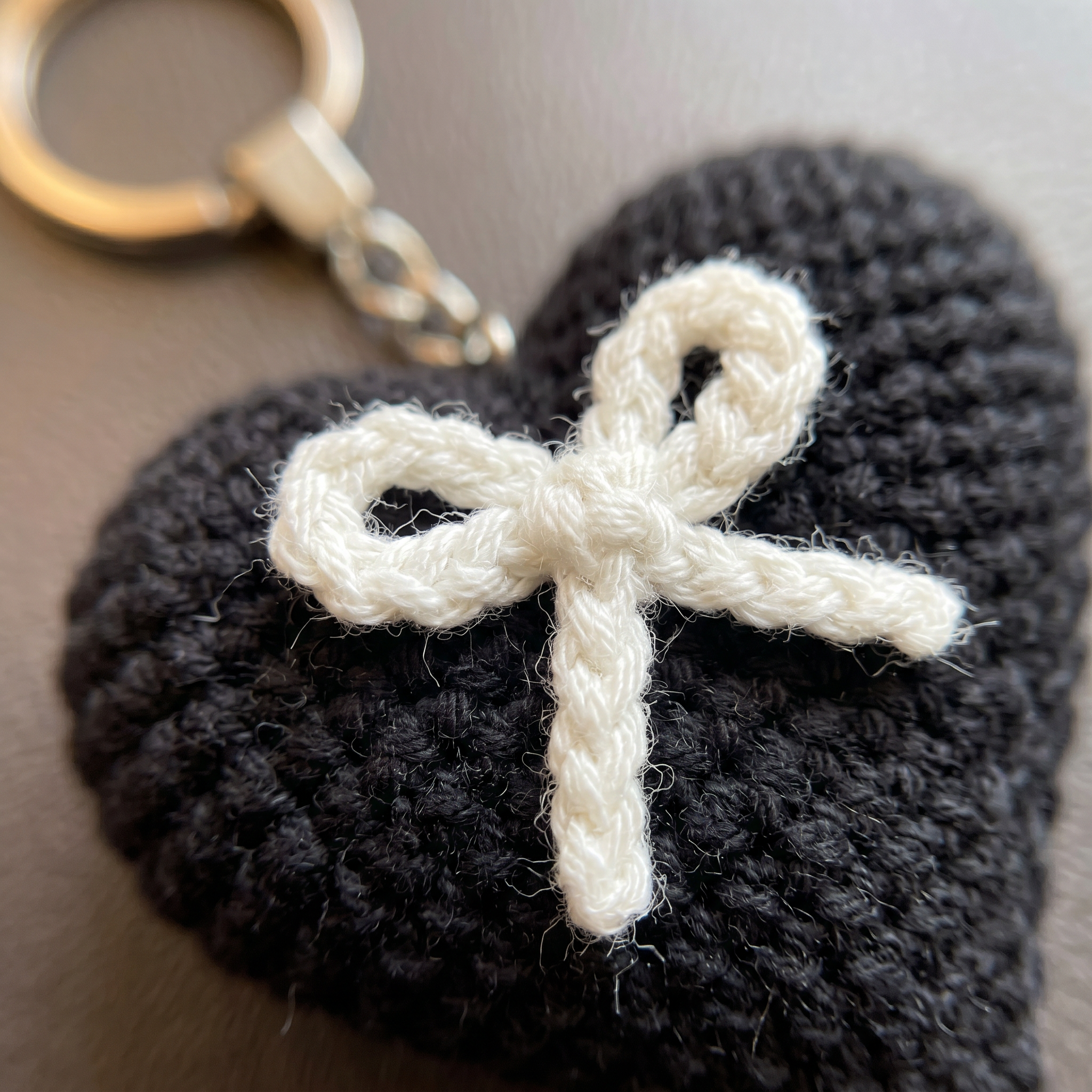 White Bow Heart Crochet Keychain close-up showing crochet texture and handmade details