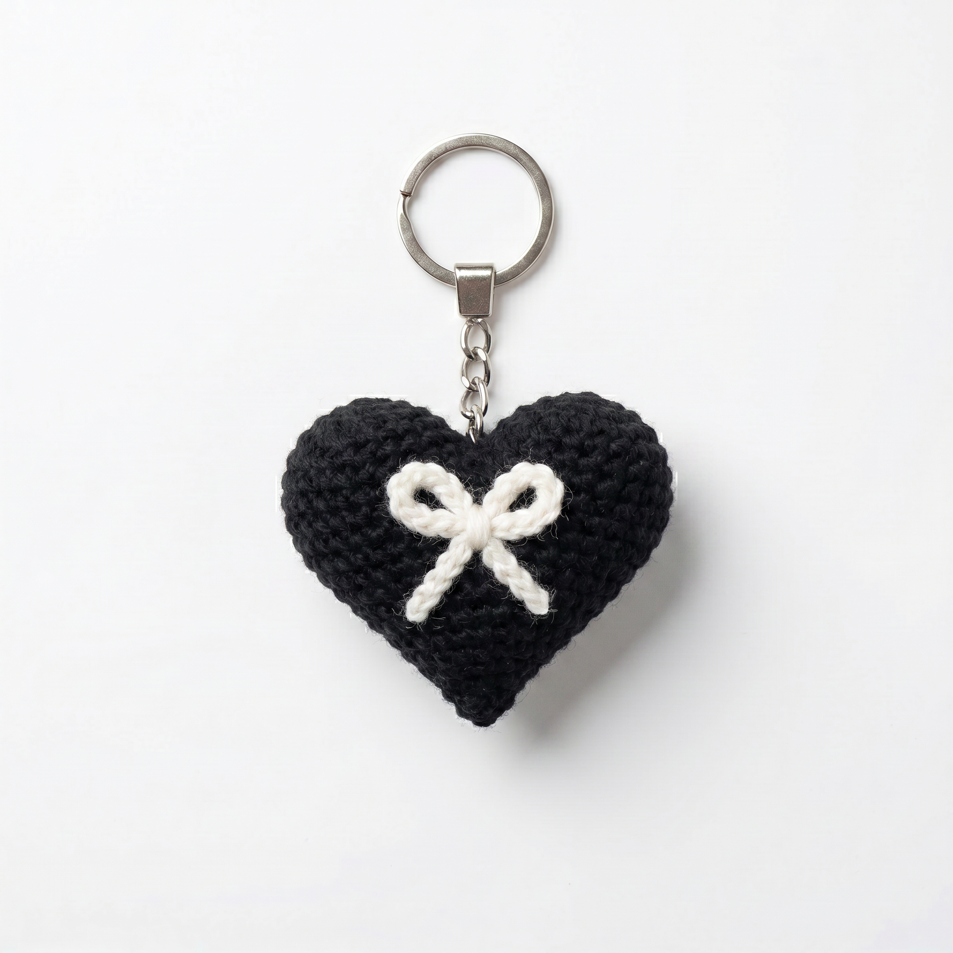 White Bow Heart Crochet Keychain on a clean white background