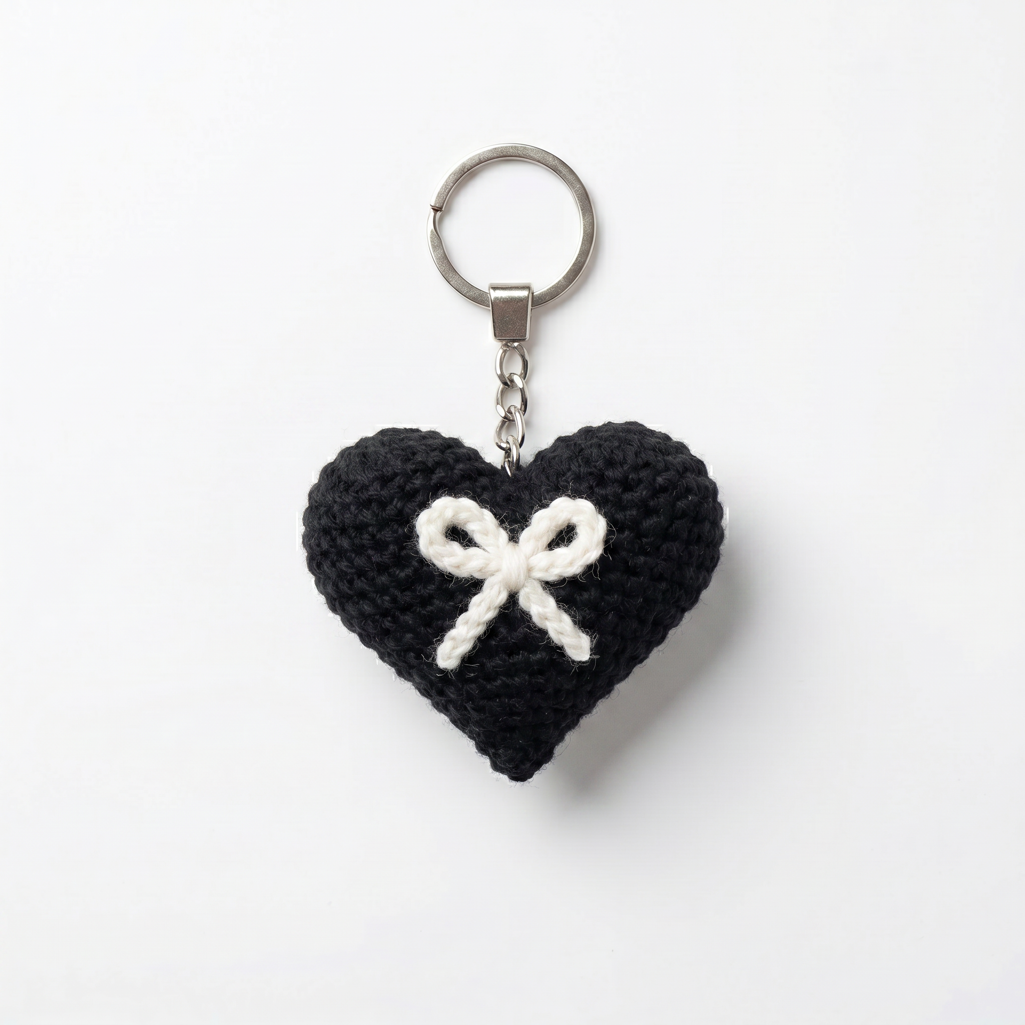White Bow Heart Crochet Keychain on a clean white background