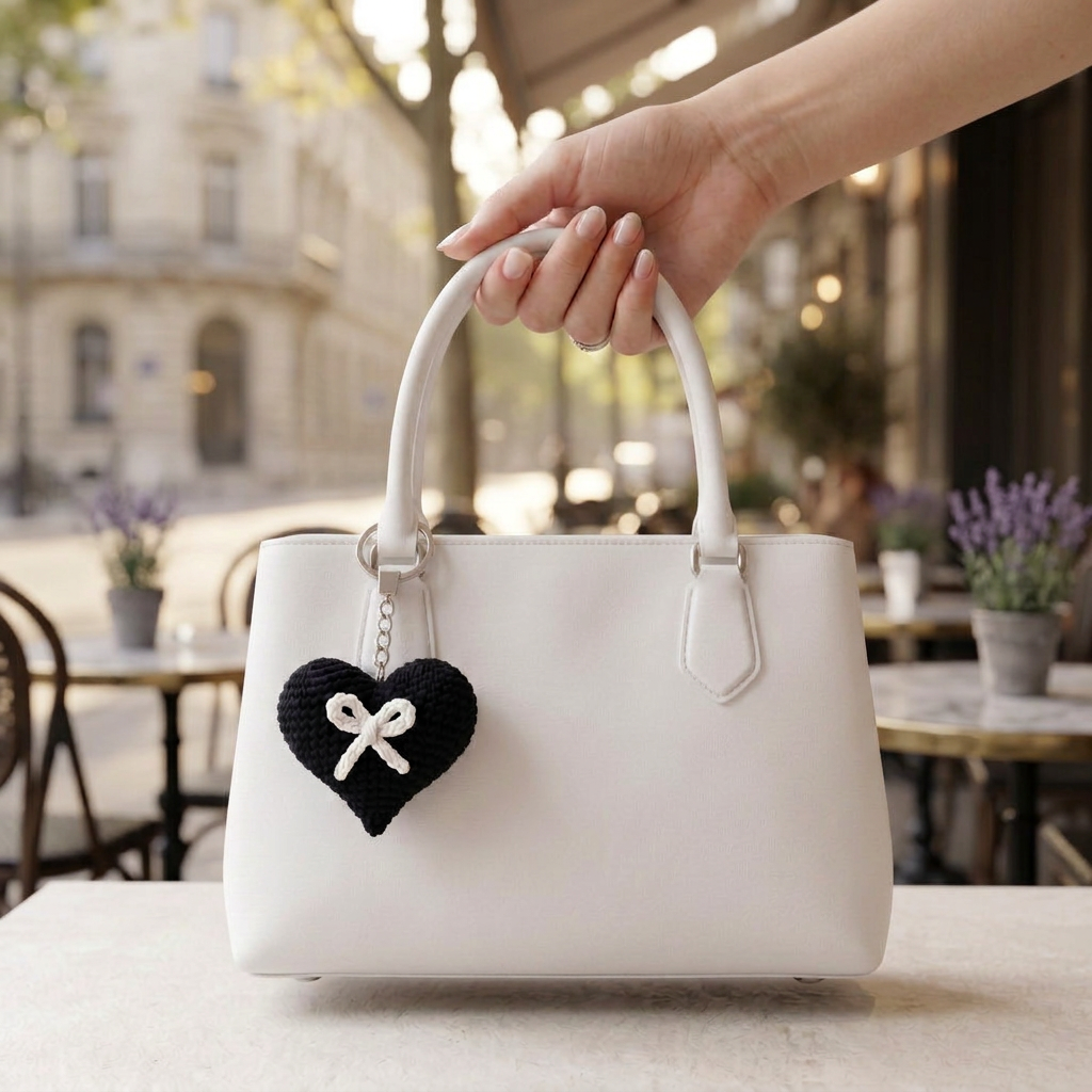 White Bow Heart Crochet Keychain styled in an everyday setting