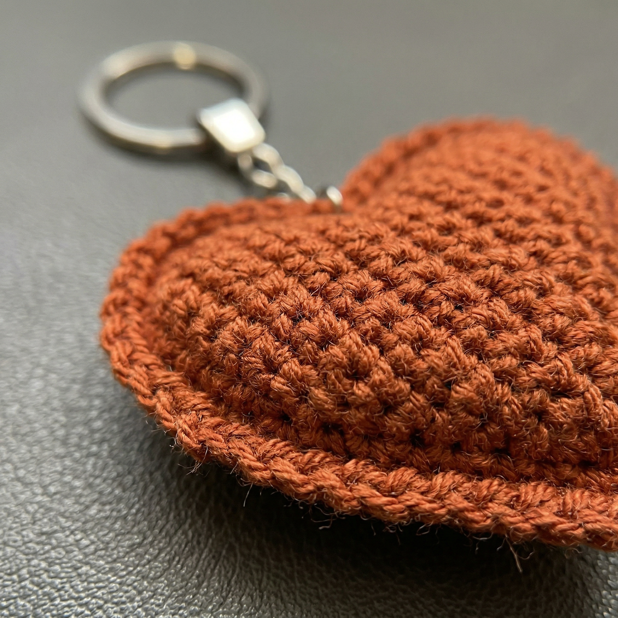Amber Heart Crochet Keychain close-up showing crochet texture and handmade details