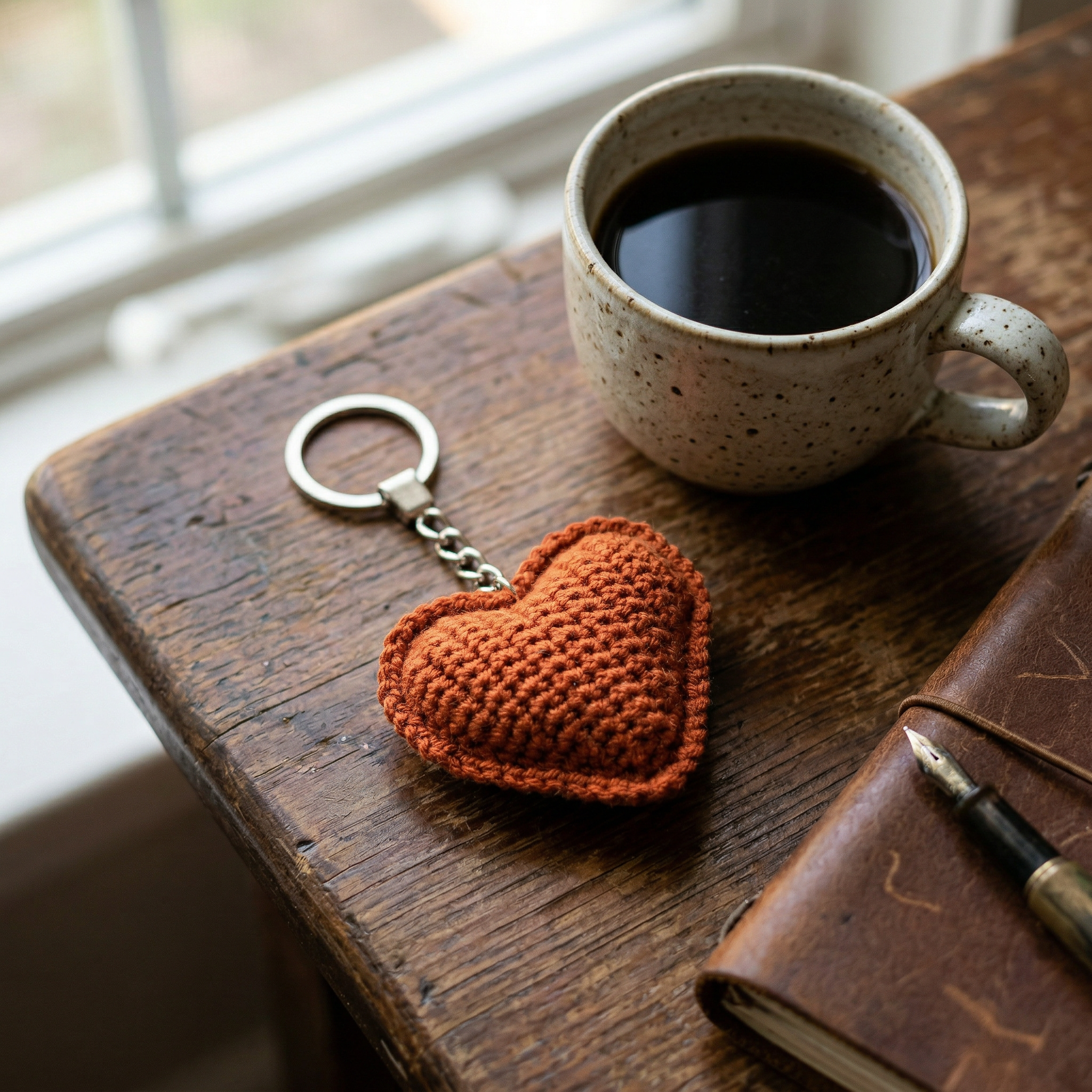 Amber Heart Crochet Keychain styled in an everyday setting