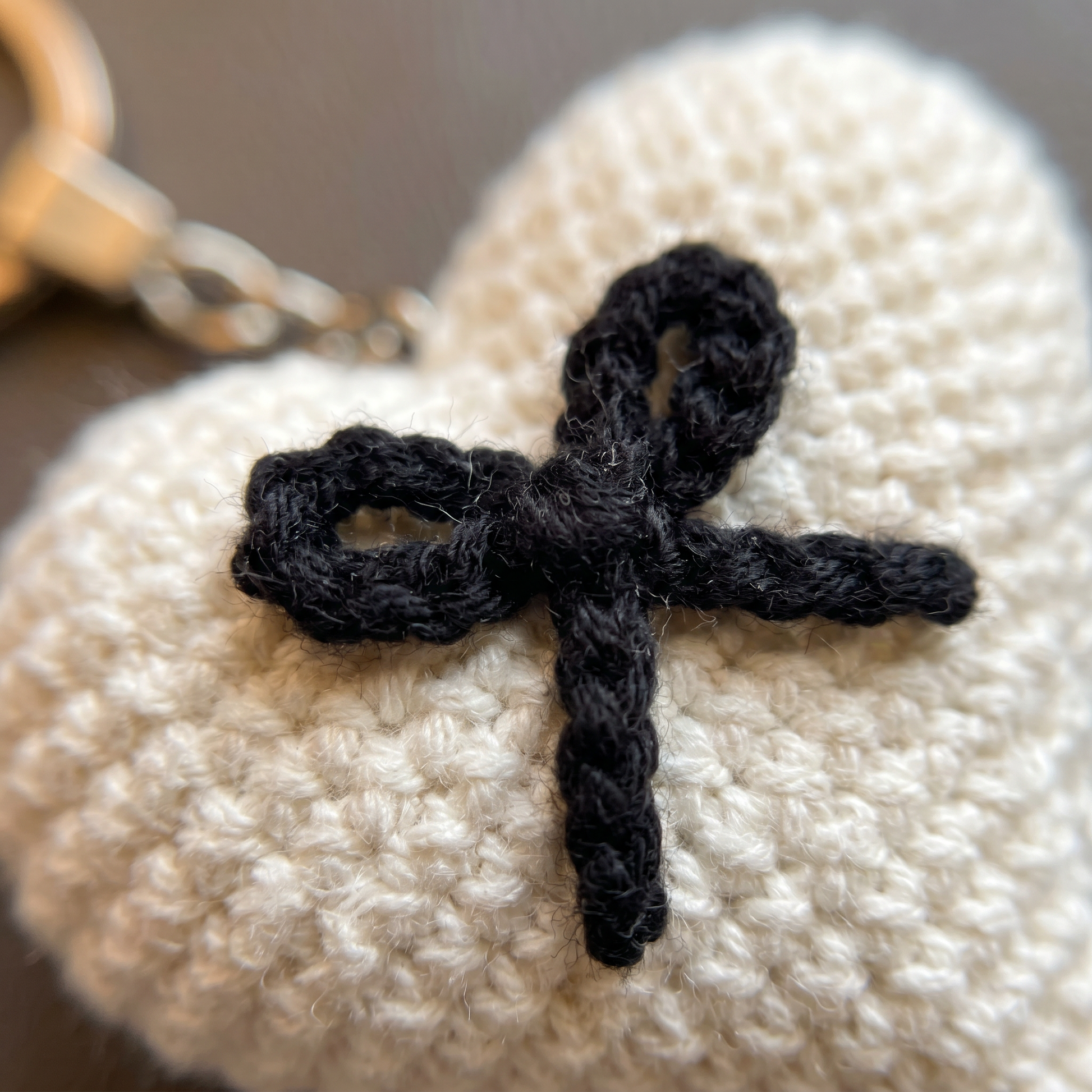 Black Bow Heart Crochet Keychain close-up showing crochet texture and handmade details