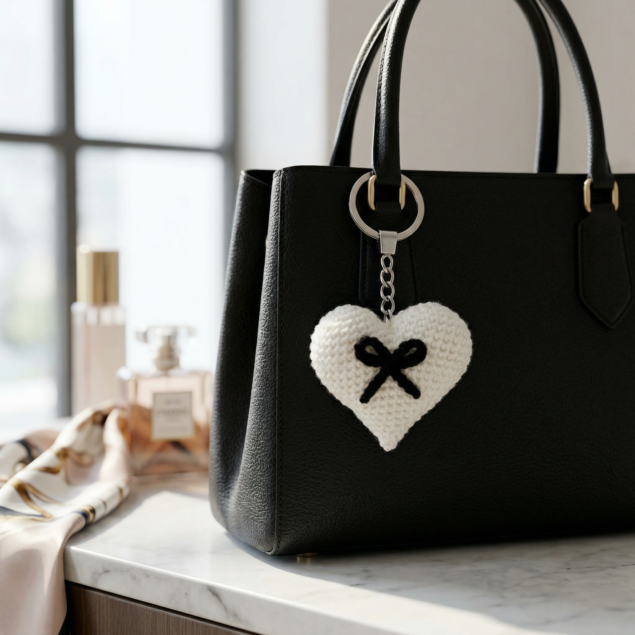 Black Bow Heart Crochet Keychain styled in an everyday setting