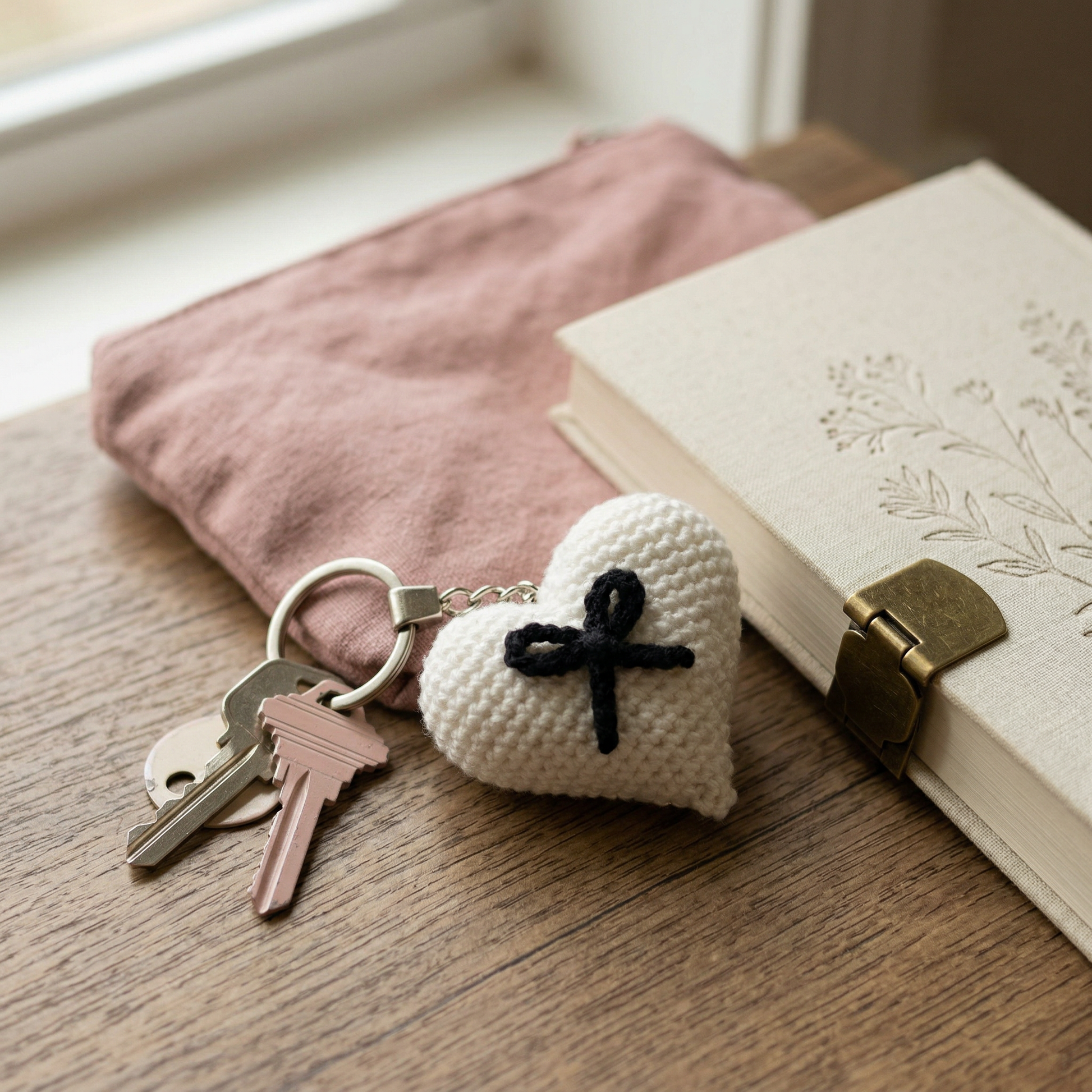 Black Bow Heart Crochet Keychain styled product detail