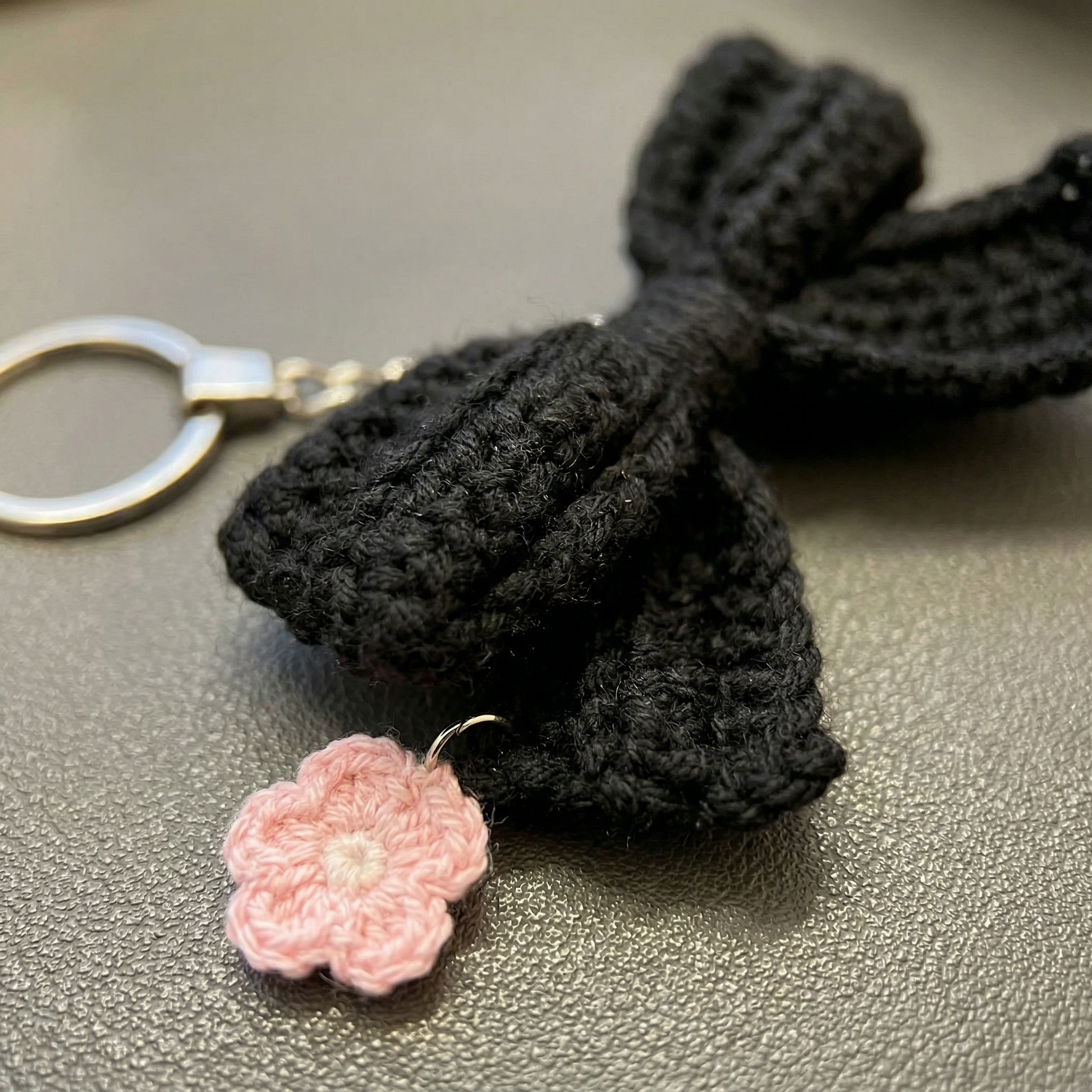 Black Bow Crochet Keychain close-up showing crochet texture and handmade details