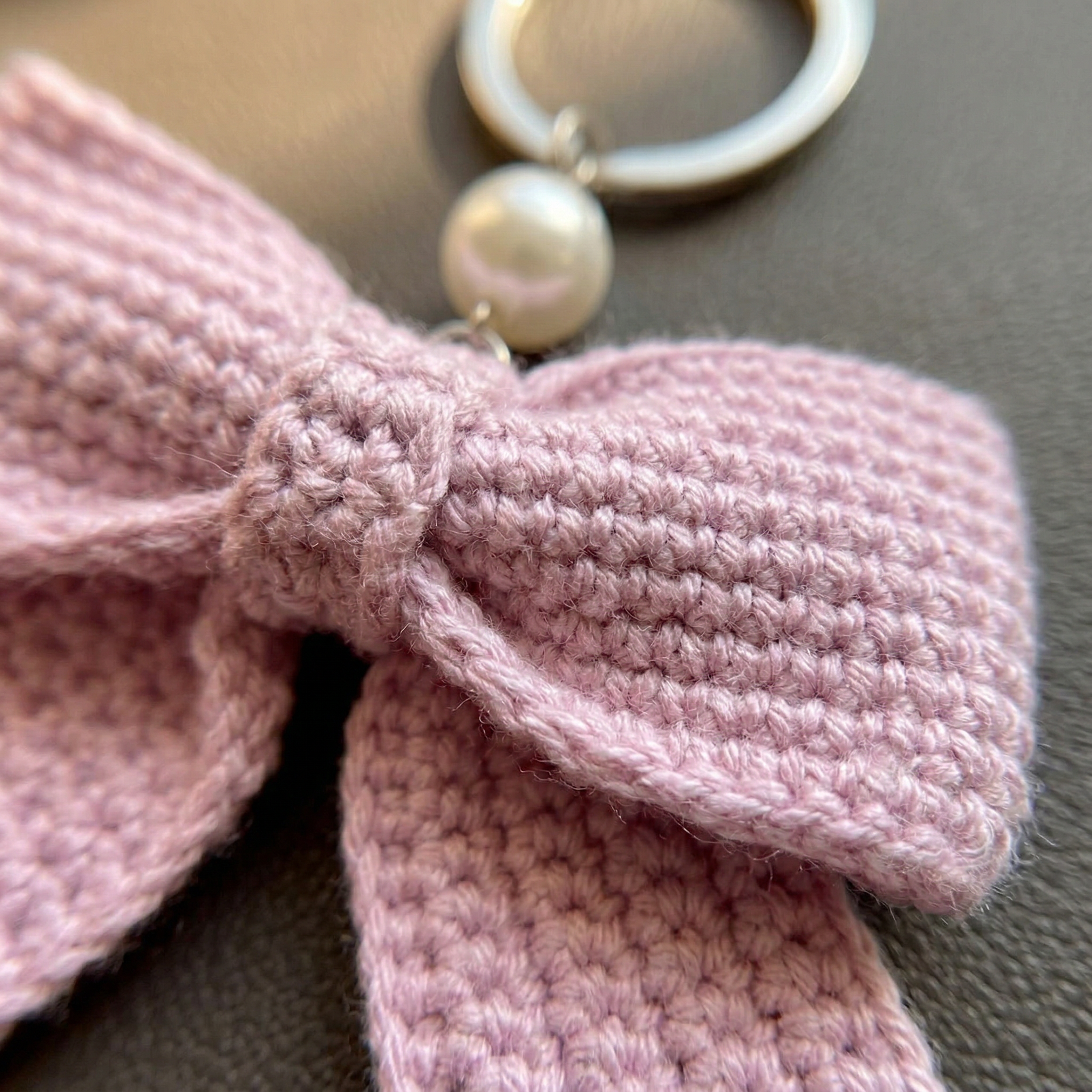 Purple Bow Crochet Keychain close-up showing crochet texture and handmade details