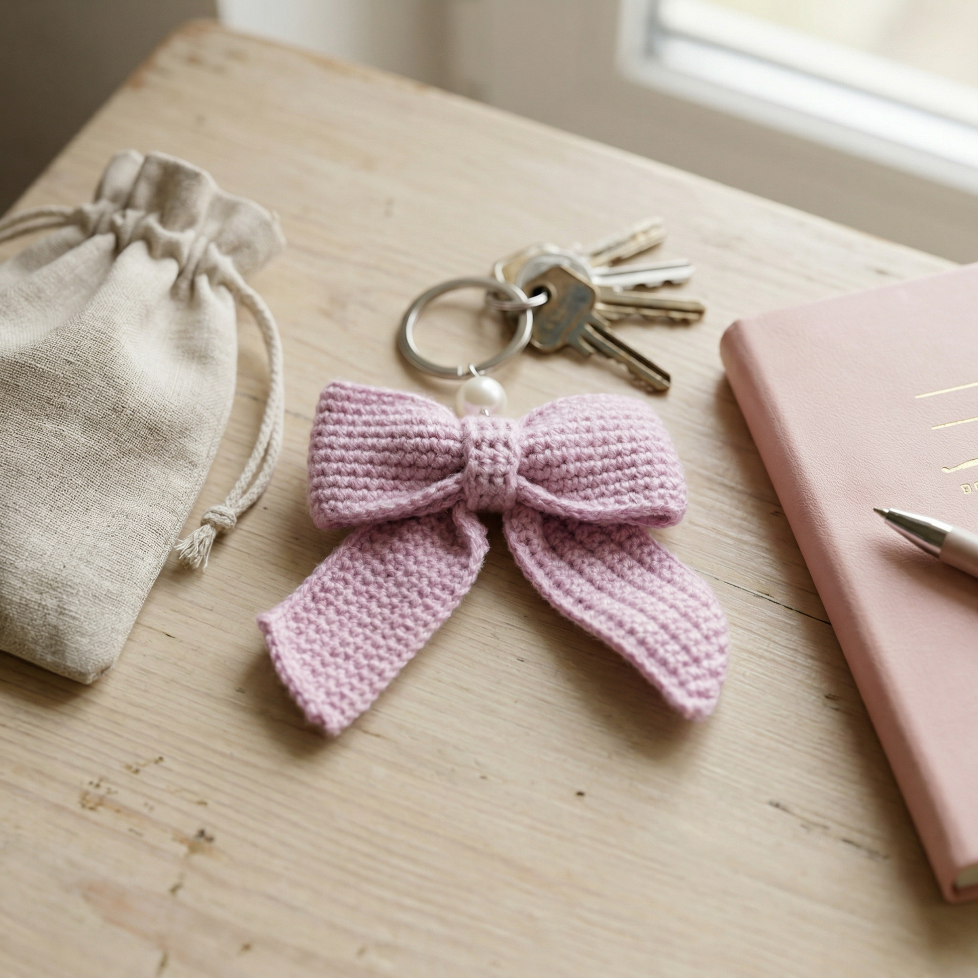 Purple Bow Crochet Keychain styled in an everyday setting