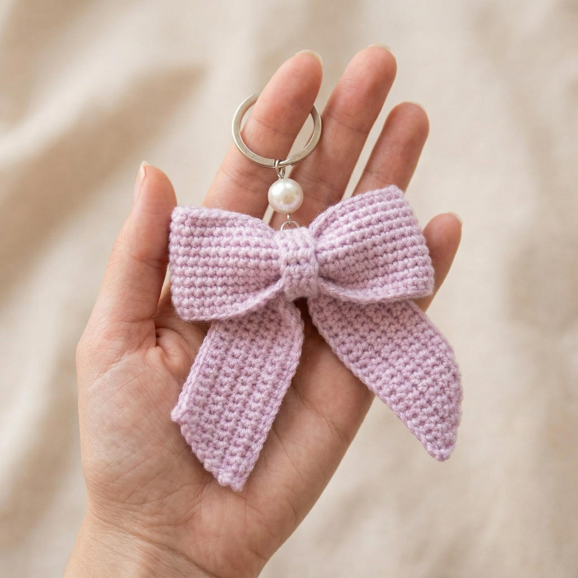 Purple Bow Crochet Keychain held in hand to show scale