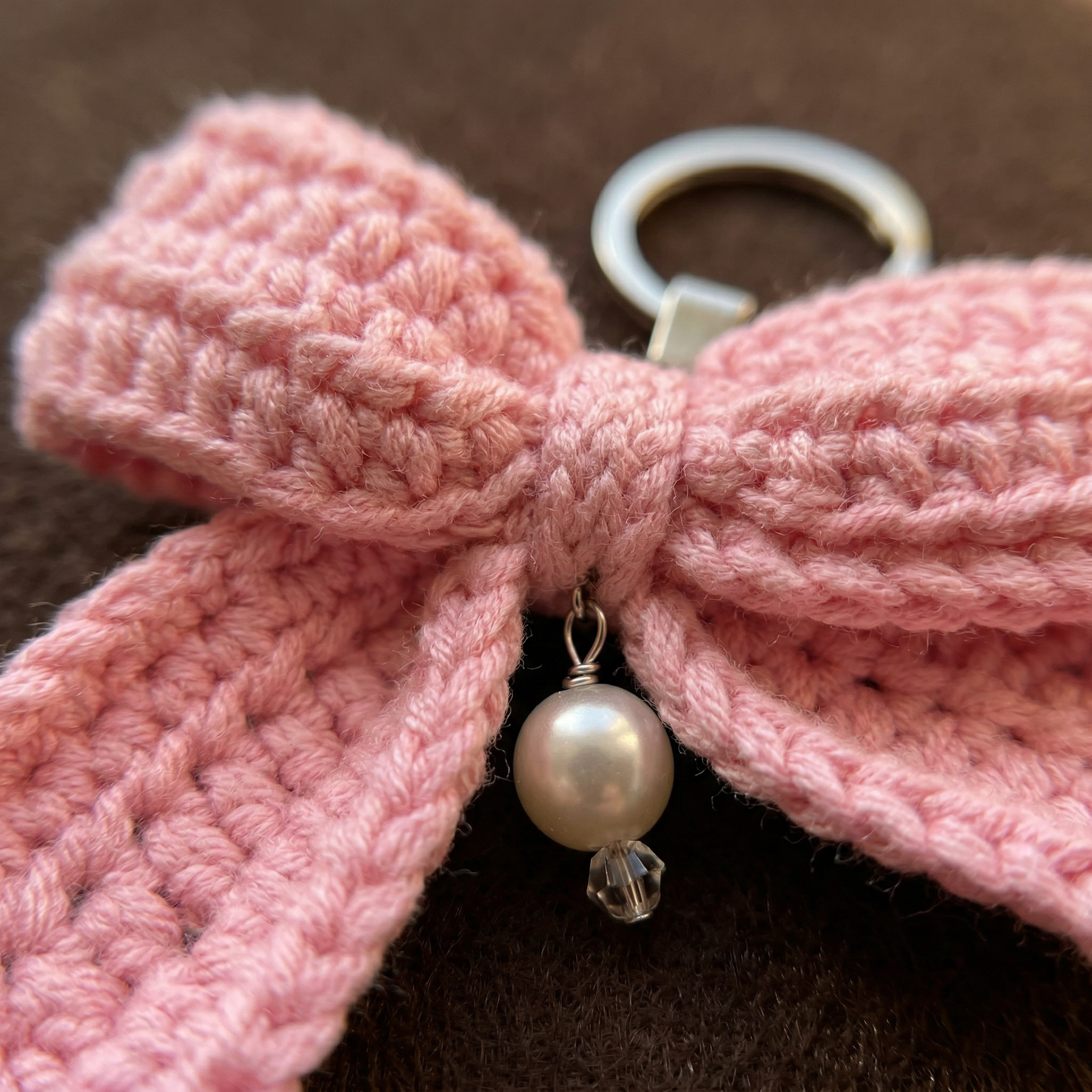 Pink Bow Crochet Keychain close-up showing crochet texture and handmade details
