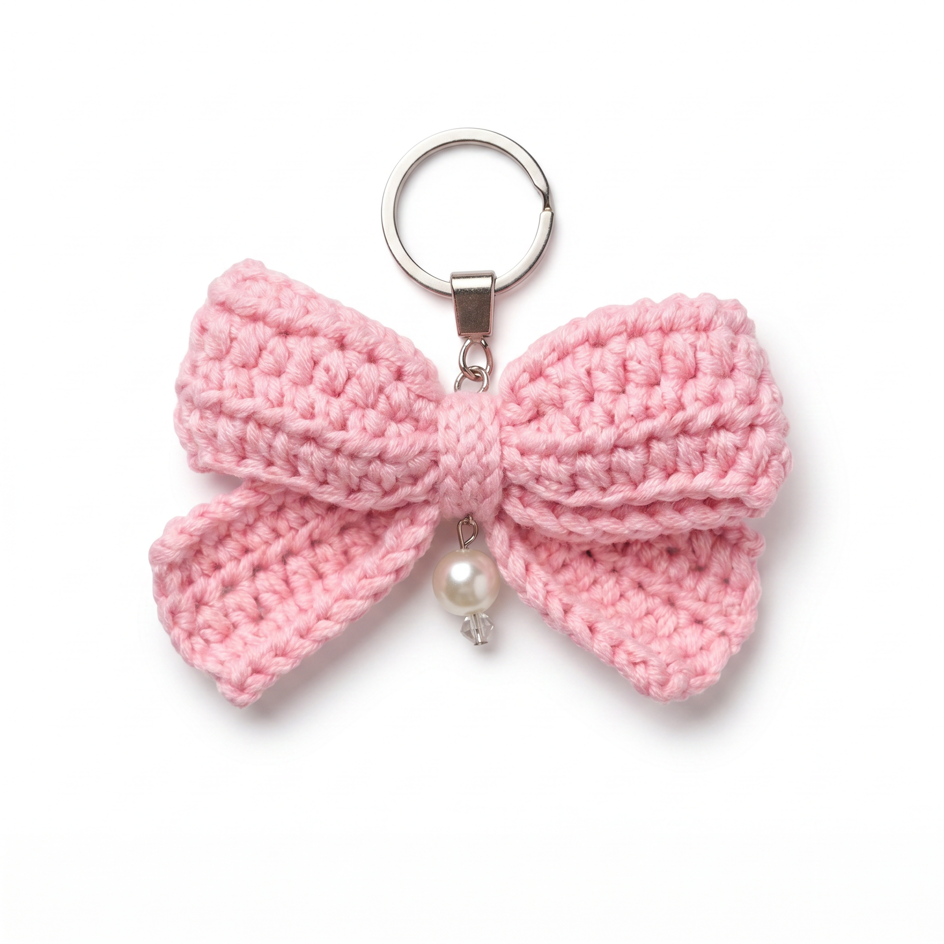 Pink Bow Crochet Keychain on a clean white background