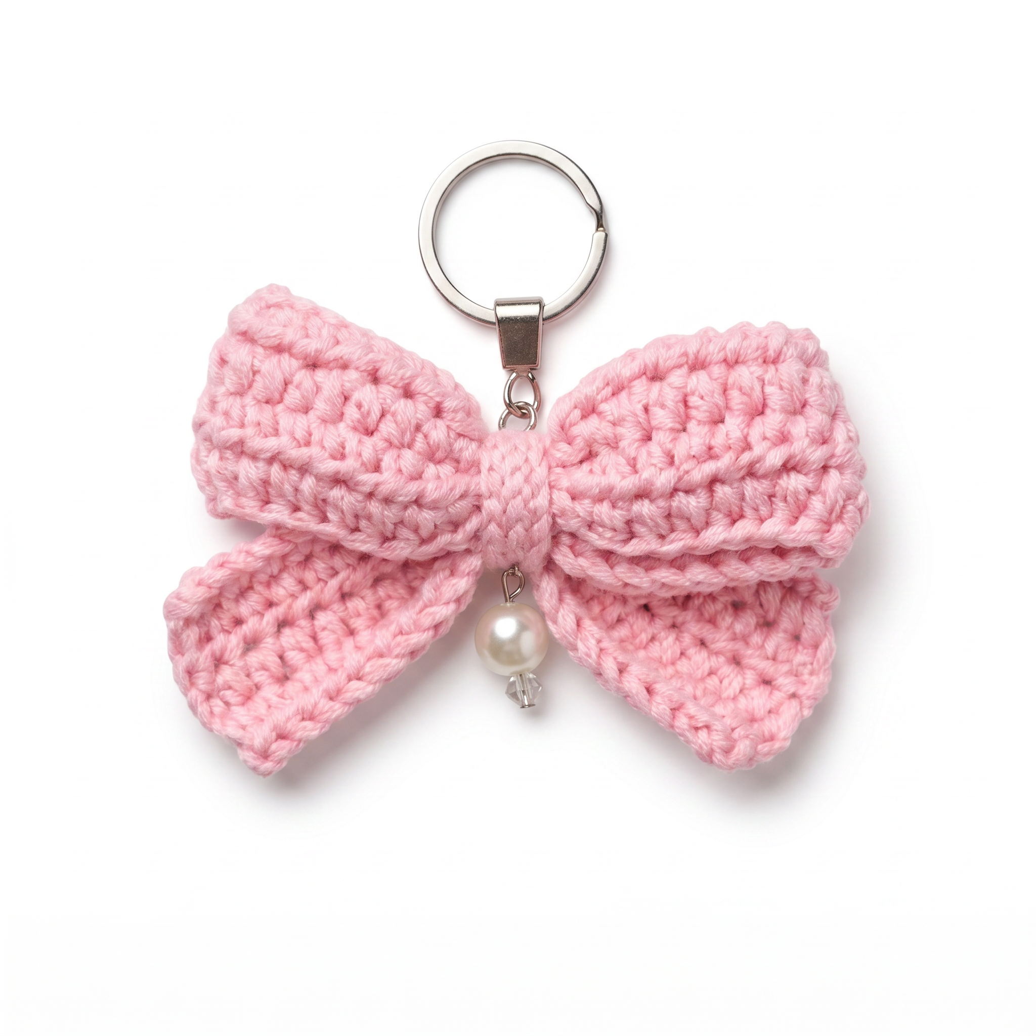 Pink Bow Crochet Keychain on a clean white background