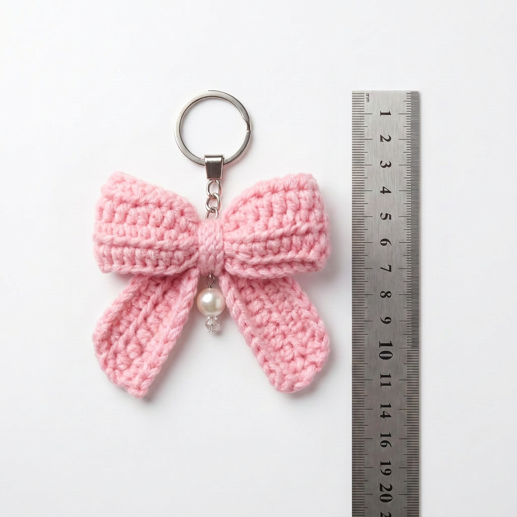 Pink Bow Crochet Keychain during the handmade crochet process