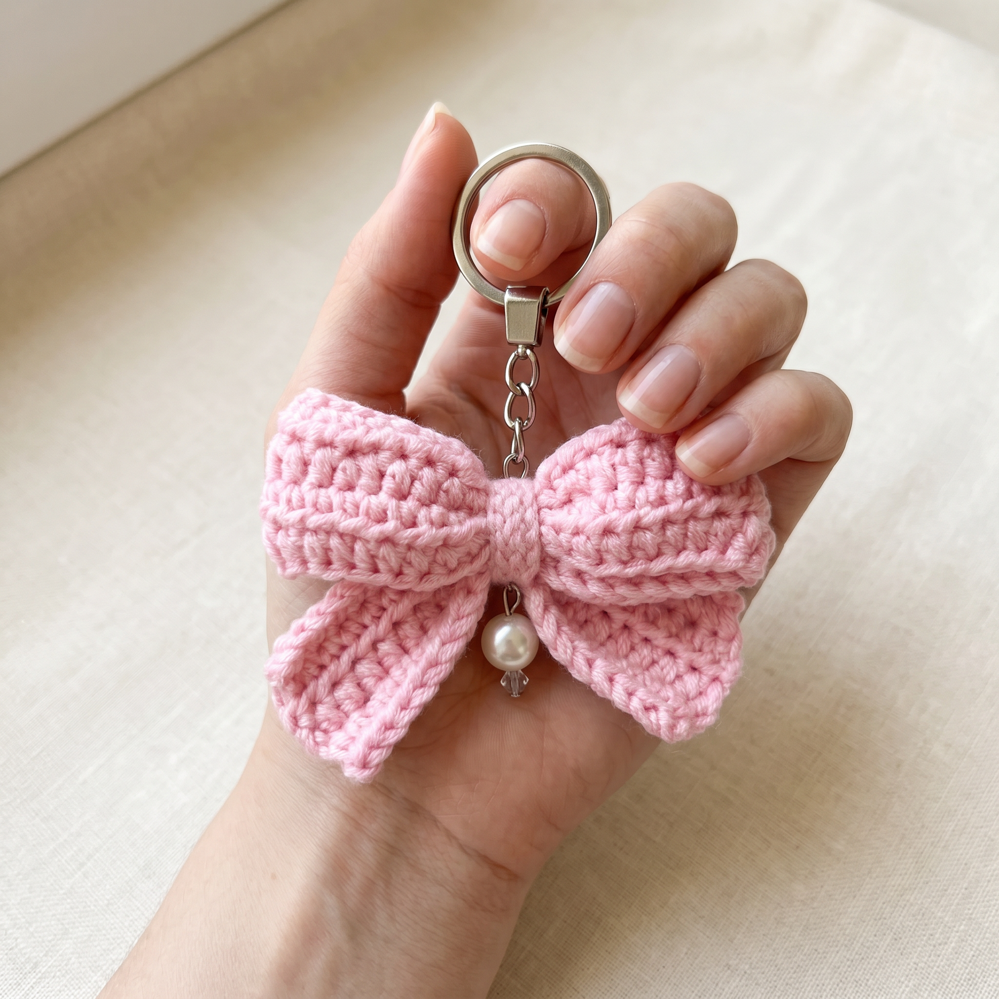 Pink Bow Crochet Keychain held in hand to show scale