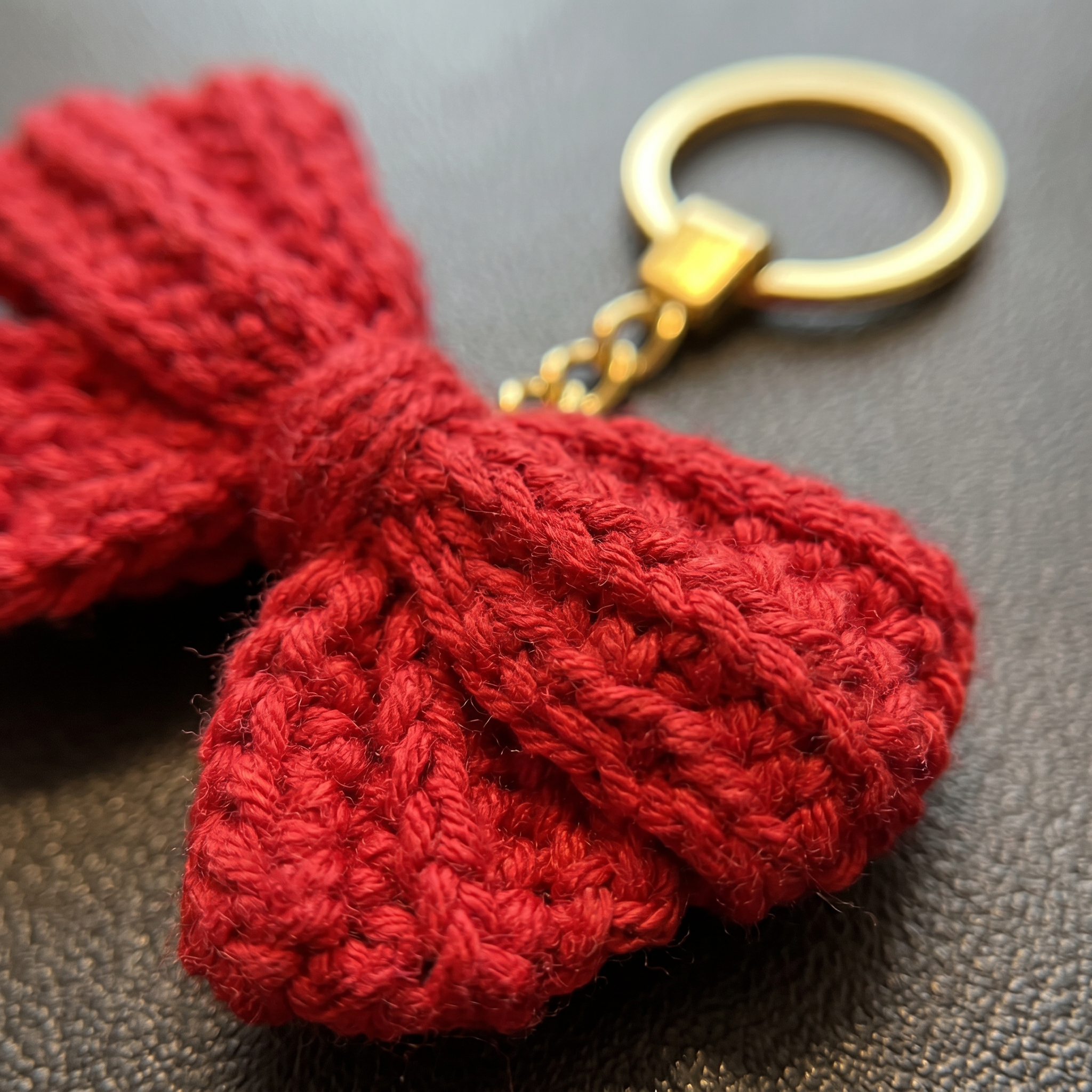 Red Bow Crochet Keychain close-up showing crochet texture and handmade details