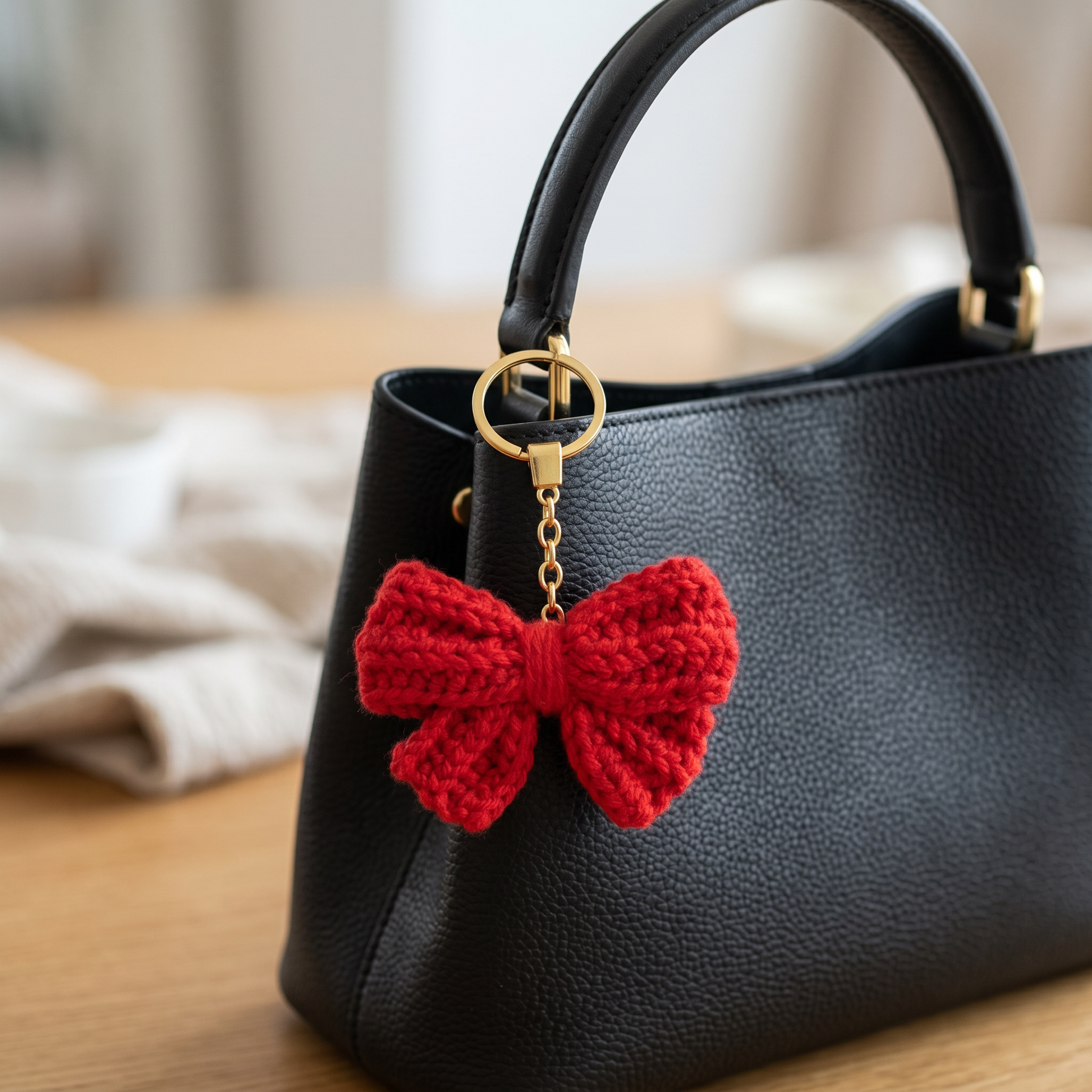 Red Bow Crochet Keychain styled in an everyday setting